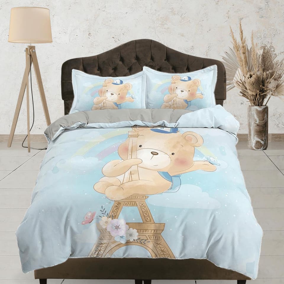 Cute Teddy Bear in Eiffel Tower Bedding, Duvet Cover Set, Zipper Bedding, Dorm Bedding, Teens Adult Duvet King Queen Full…