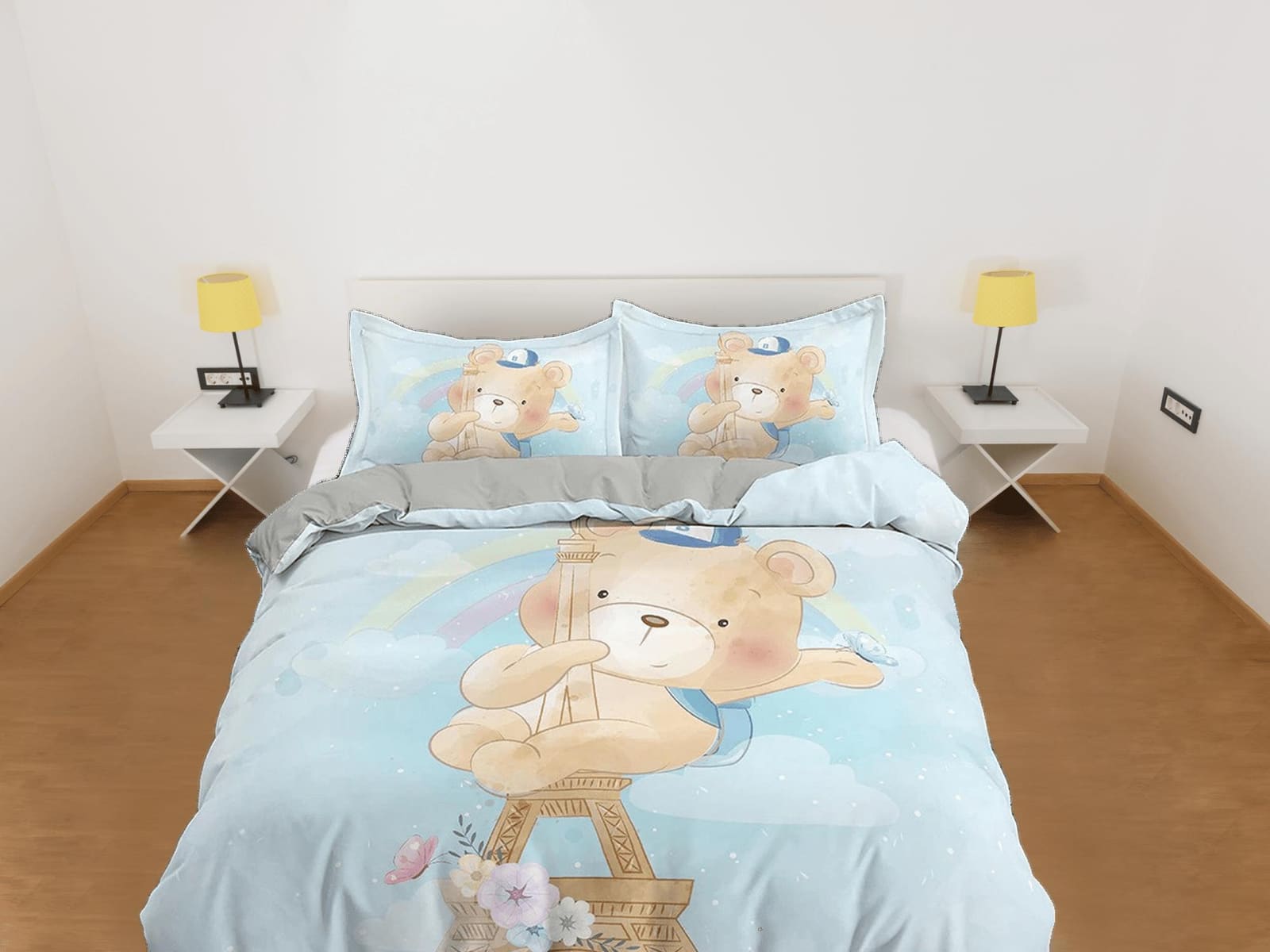 Cute Teddy Bear in Eiffel Tower Bedding, Duvet Cover Set, Zipper Bedding, Dorm Bedding, Teens Adult Duvet King Queen Full…