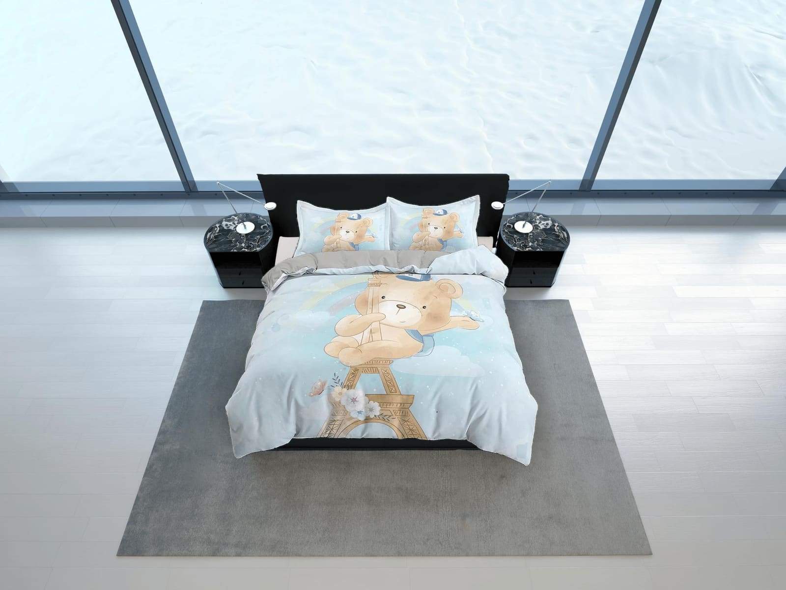Cute Teddy Bear in Eiffel Tower Bedding, Duvet Cover Set, Zipper Bedding, Dorm Bedding, Teens Adult Duvet King Queen Full…