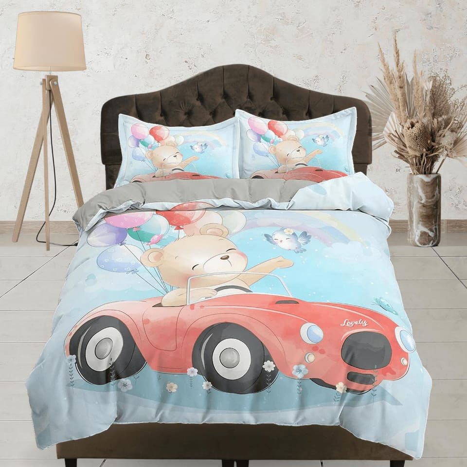 Cute Teddy Bear in Red Car, Blue Bedding, Duvet Cover Set, Zipper Bedding, Dorm Bedding, Teens Adult Duvet King Queen Full…