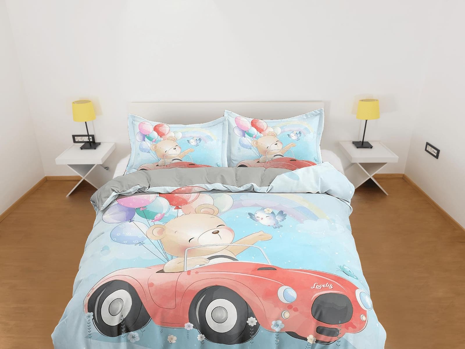 Cute Teddy Bear in Red Car, Blue Bedding, Duvet Cover Set, Zipper Bedding, Dorm Bedding, Teens Adult Duvet King Queen Full…