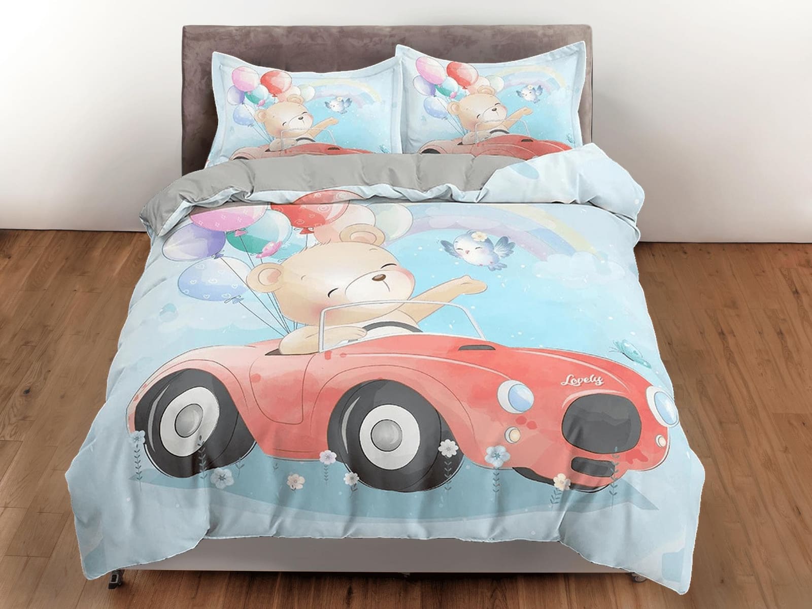 Cute Teddy Bear in Red Car, Blue Bedding, Duvet Cover Set, Zipper Bedding, Dorm Bedding, Teens Adult Duvet King Queen Full…