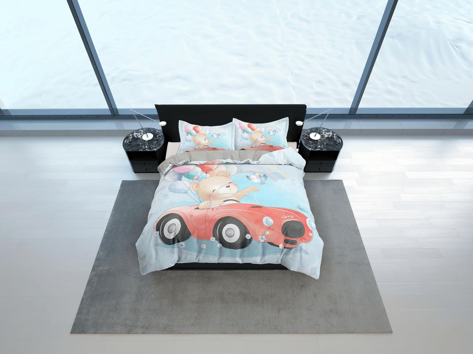 Cute Teddy Bear in Red Car, Blue Bedding, Duvet Cover Set, Zipper Bedding, Dorm Bedding, Teens Adult Duvet King Queen Full…