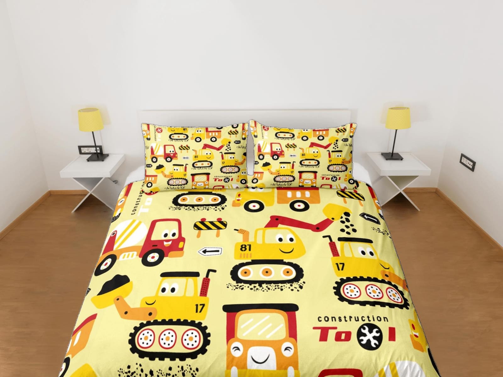 Cute Trucks Yellow Duvet Cover Colorful Bedspread, Kids Full Bedding Set with Pillowcase, Comforter Cover Twin