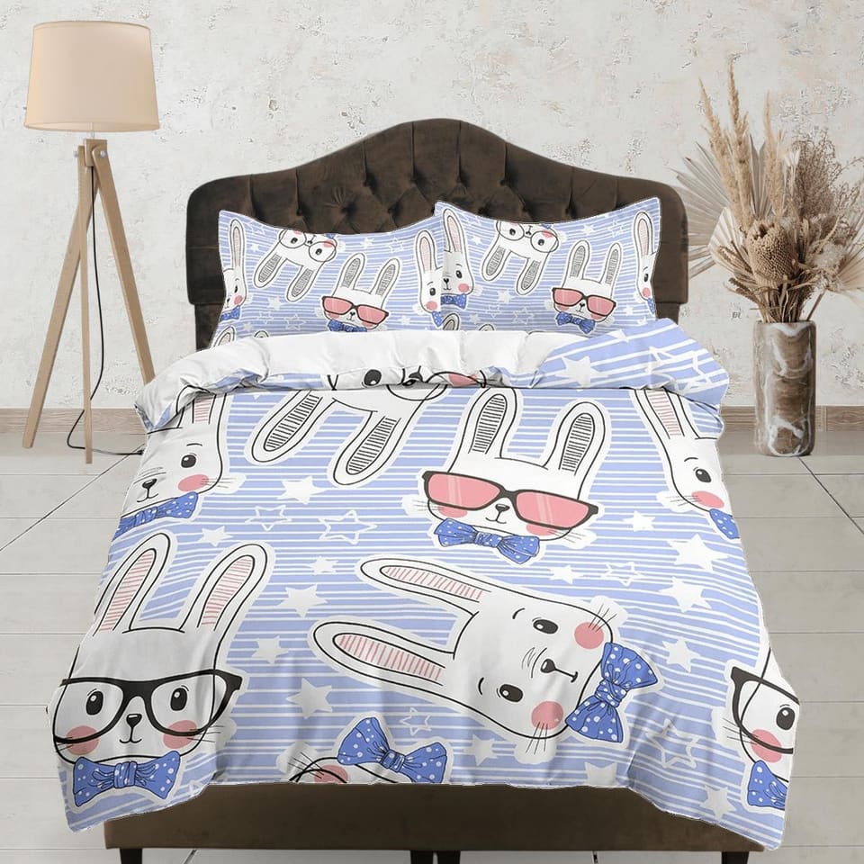Cute White Bunny Lavender Bedding, Duvet Cover Set & Pillowcase, Zipper Bedding, Dorm Bedding, Teens Adult Duvet King Quee…
