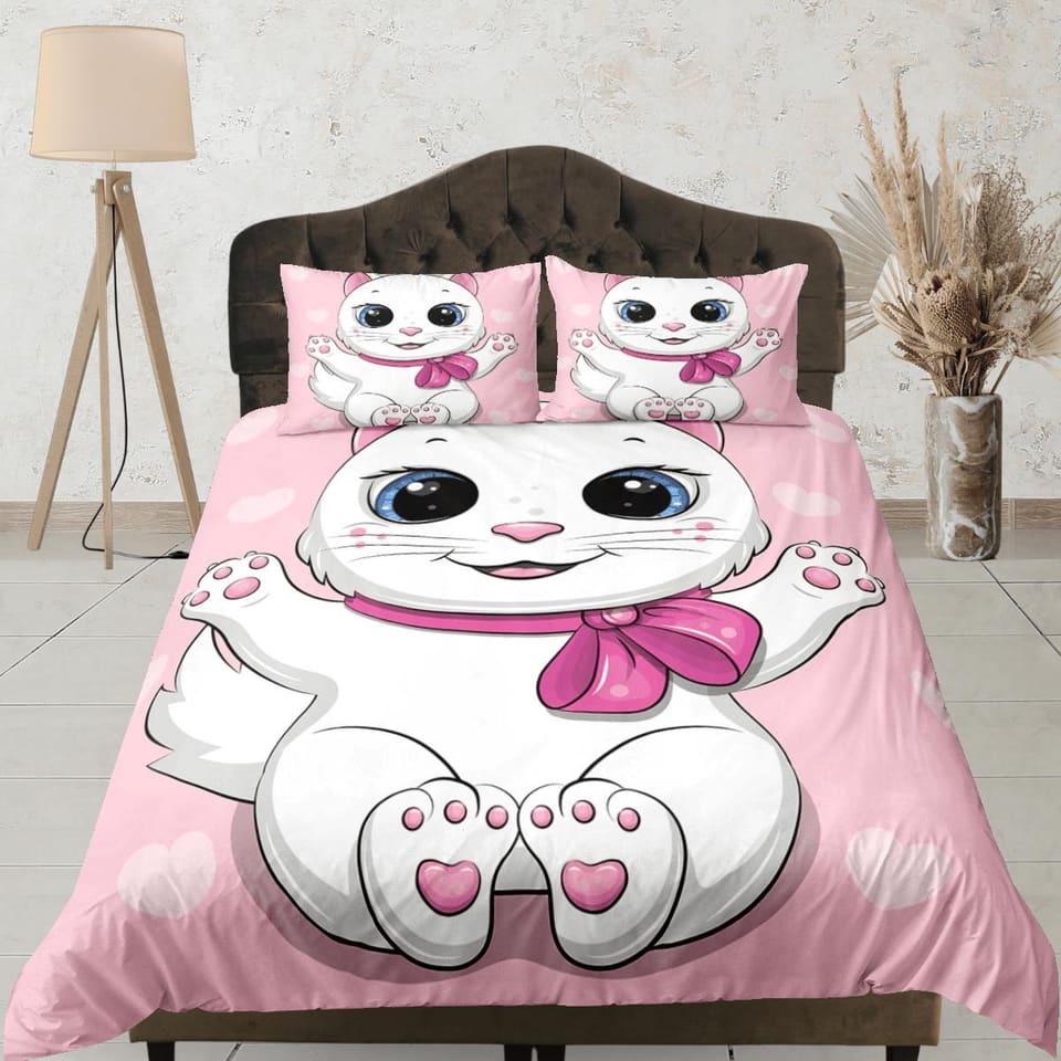 Cute white cat bedding pink, toddler bedding, kids duvet cover set, gift for cat lovers, baby bedding, baby shower gift, g…