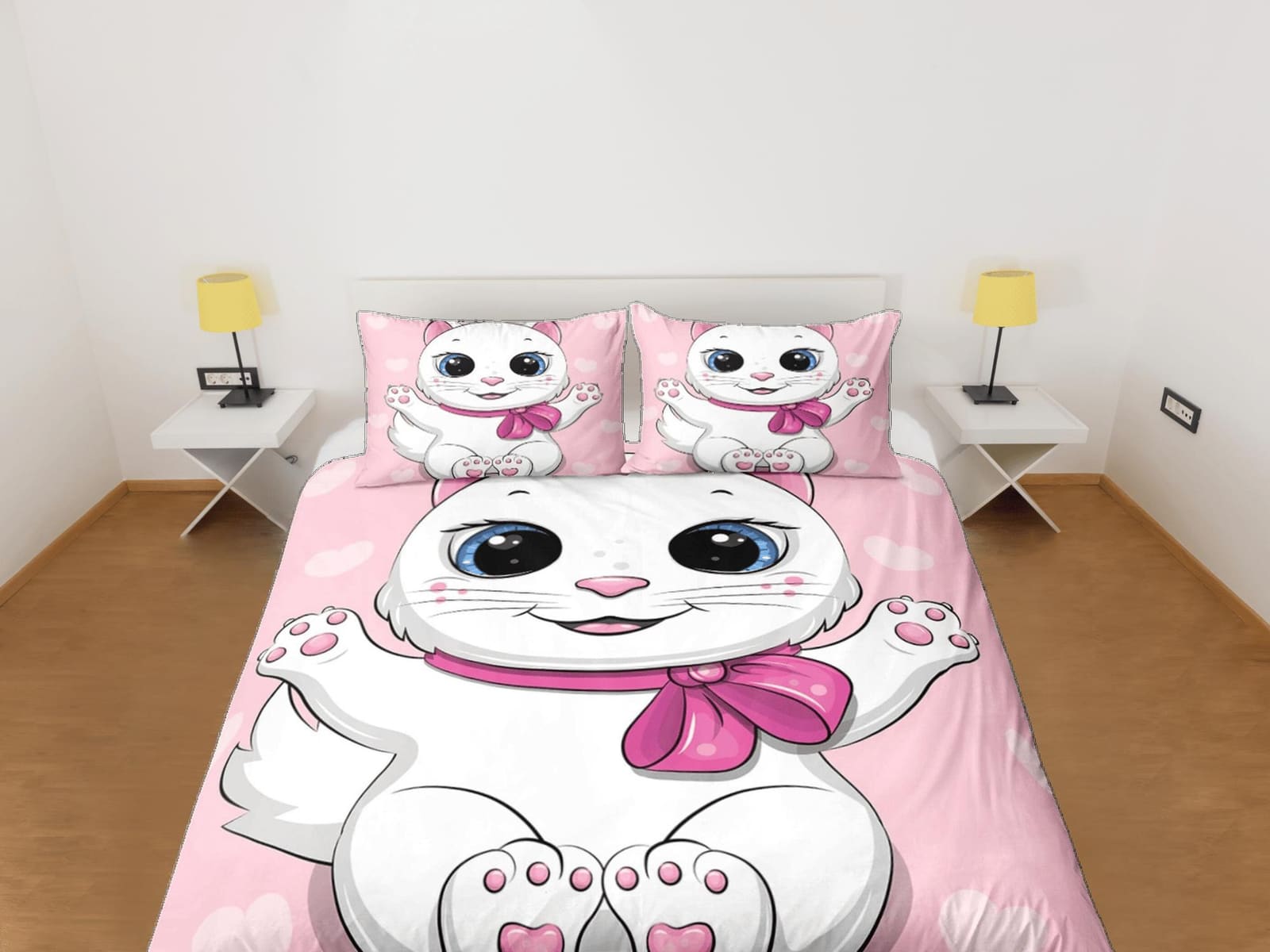 Cute white cat bedding pink, toddler bedding, kids duvet cover set, gift for cat lovers, baby bedding, baby shower gift, g…