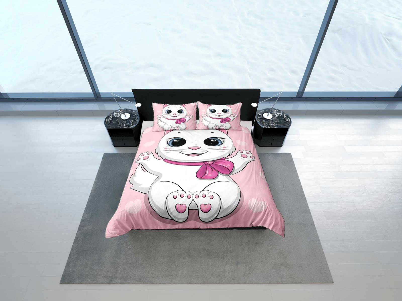 Cute white cat bedding pink, toddler bedding, kids duvet cover set, gift for cat lovers, baby bedding, baby shower gift, g…