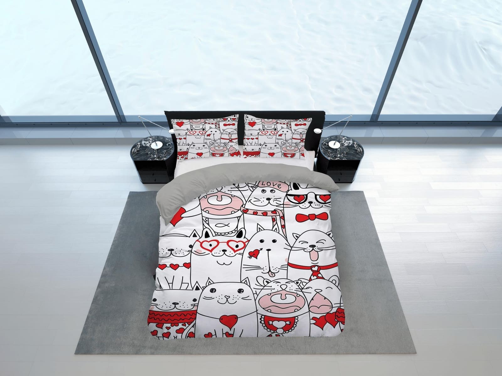 Cute white cat bedding with red accents, toddler bedding, kids duvet cover set, gift for cat lovers, baby bedding, baby sh…