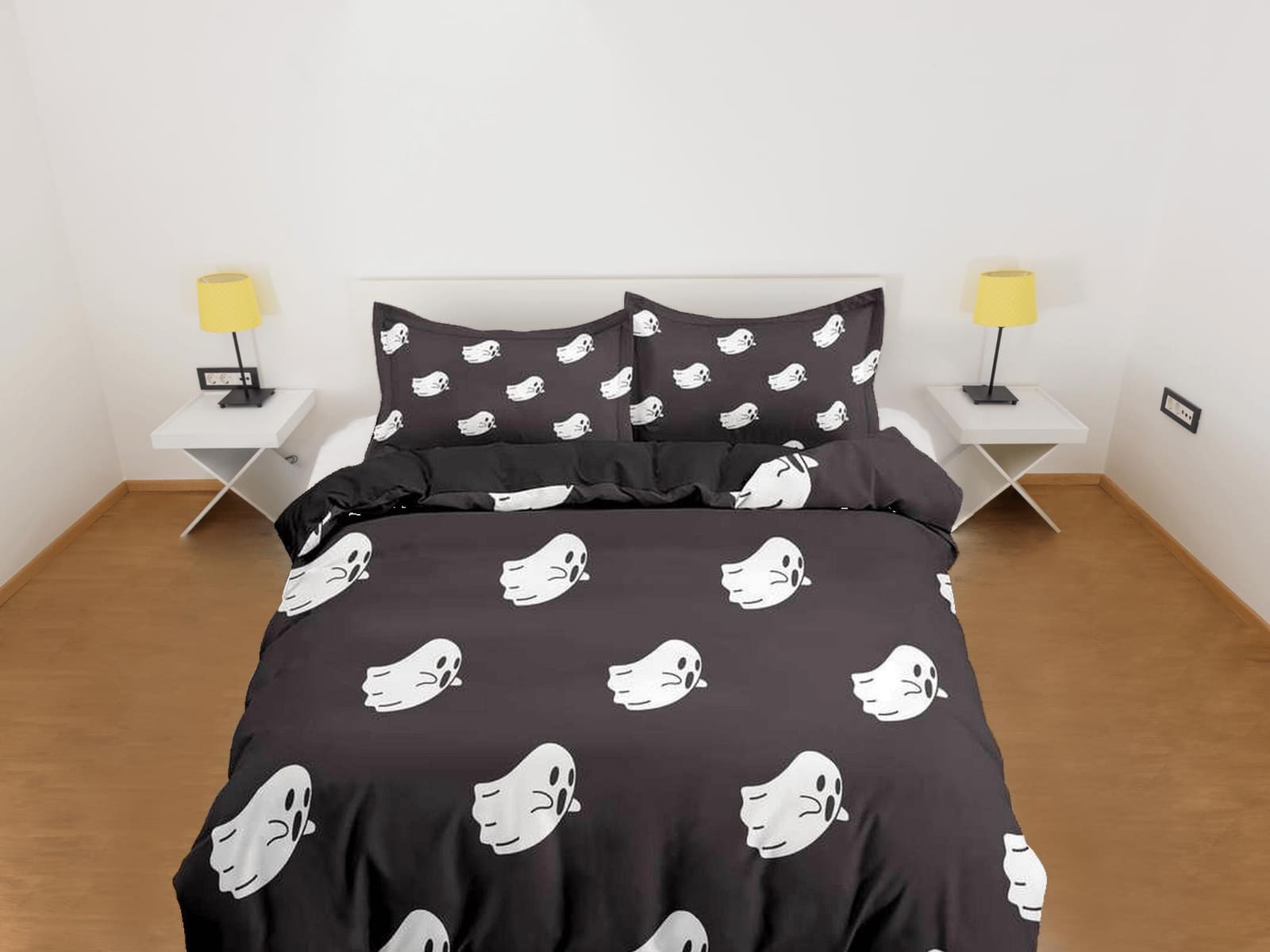Cute white ghost pattern black halloween bedding & pillowcase, gothic duvet cover, dorm bedding, goth decor toddler beddin…