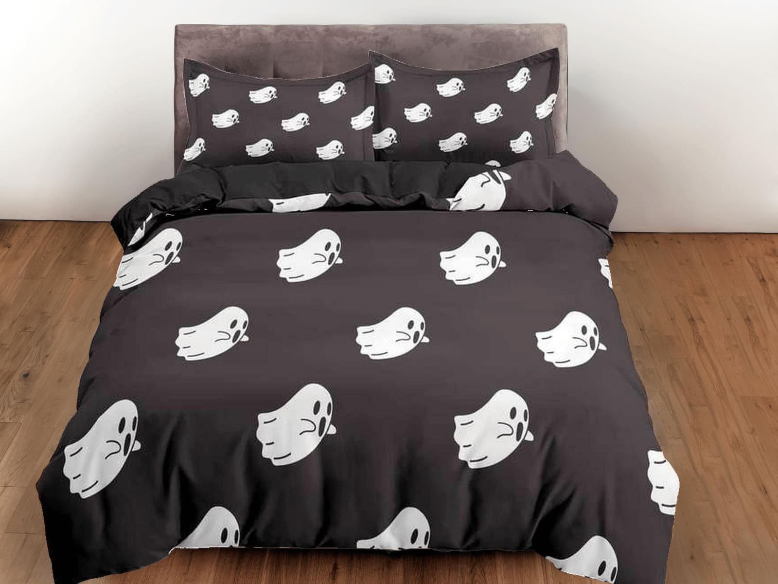Cute white ghost pattern black halloween bedding & pillowcase, gothic duvet cover, dorm bedding, goth decor toddler beddin…