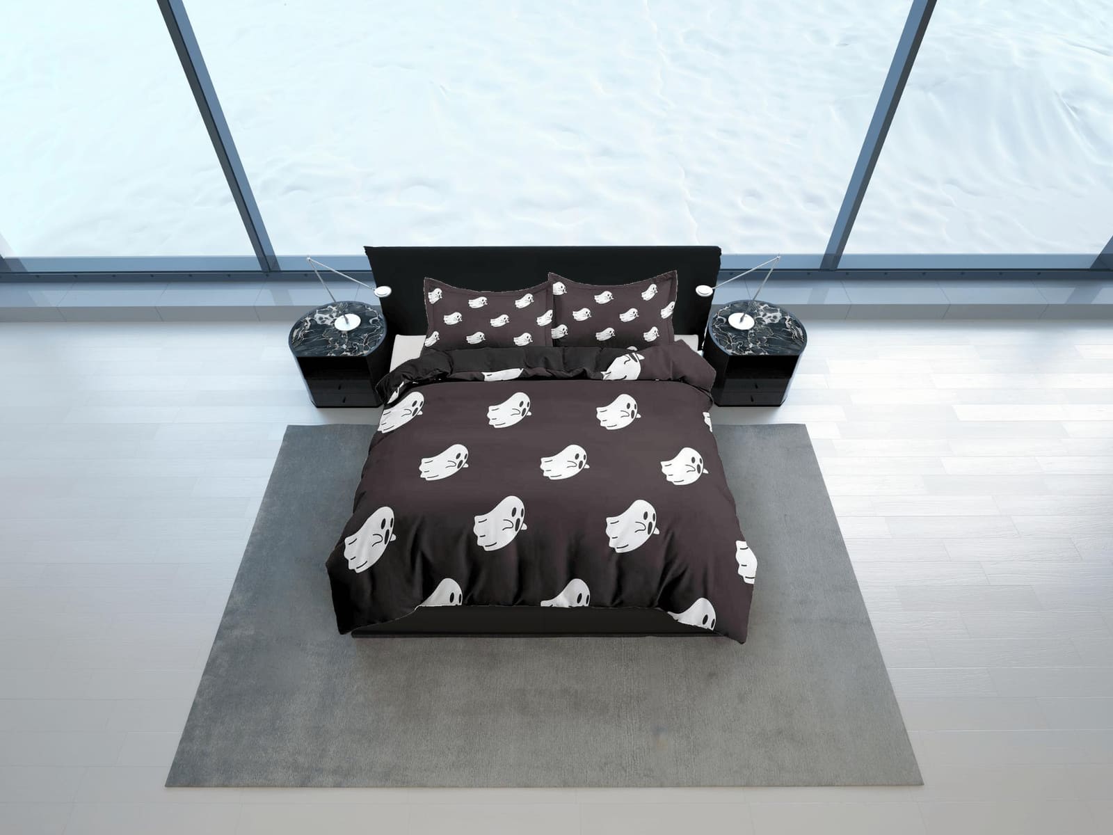 Cute white ghost pattern black halloween bedding & pillowcase, gothic duvet cover, dorm bedding, goth decor toddler beddin…
