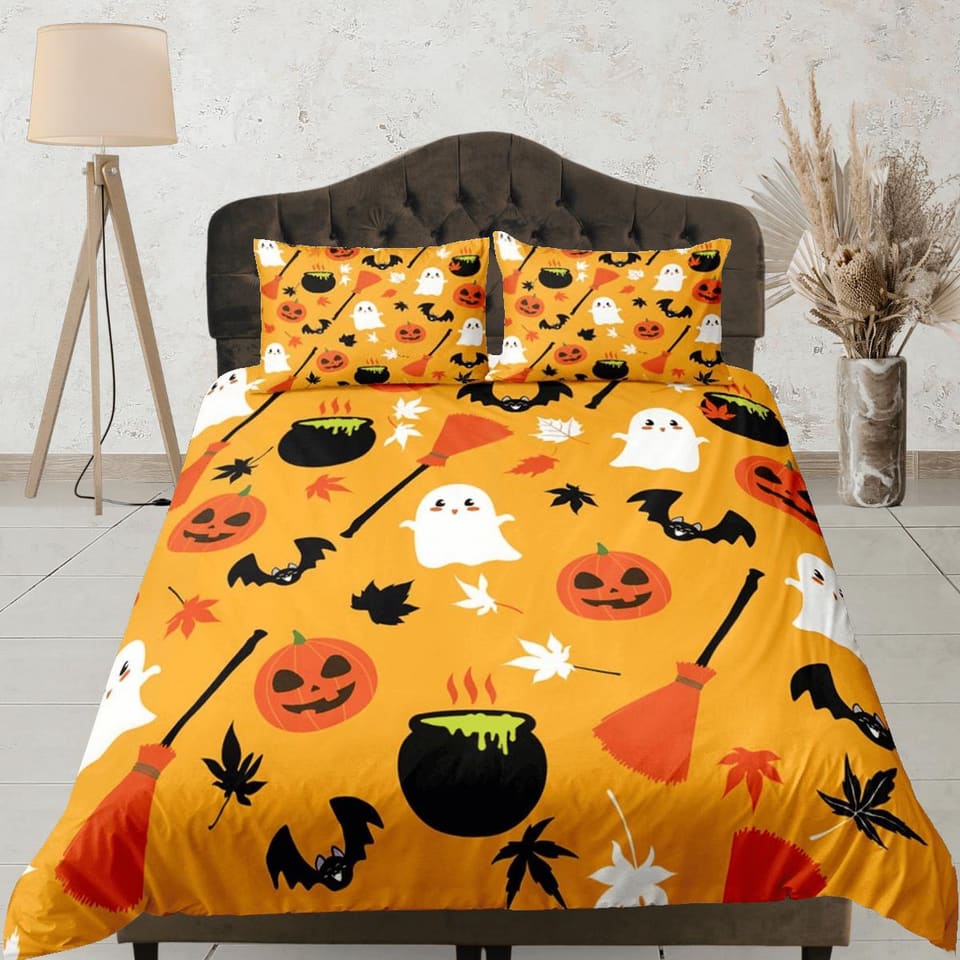 Cute yellow orange pumpkin halloween bedding & pillowcase, gothic duvet cover, dorm bedding, goth decor toddler bedding, h…