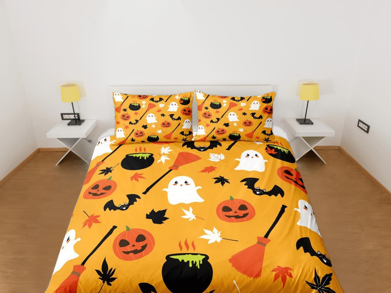 Cute yellow orange pumpkin halloween bedding & pillowcase, gothic duvet cover, dorm bedding, goth decor toddler bedding, h…
