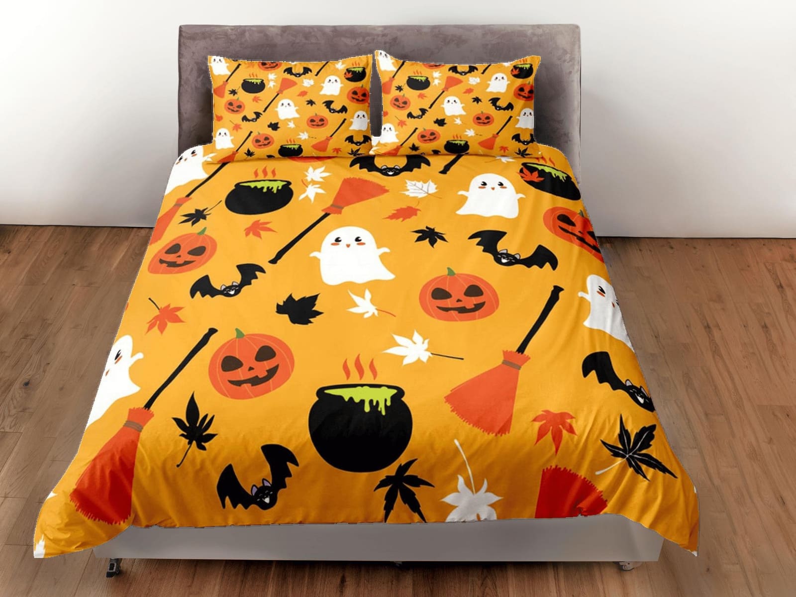 Cute yellow orange pumpkin halloween bedding & pillowcase, gothic duvet cover, dorm bedding, goth decor toddler bedding, h…