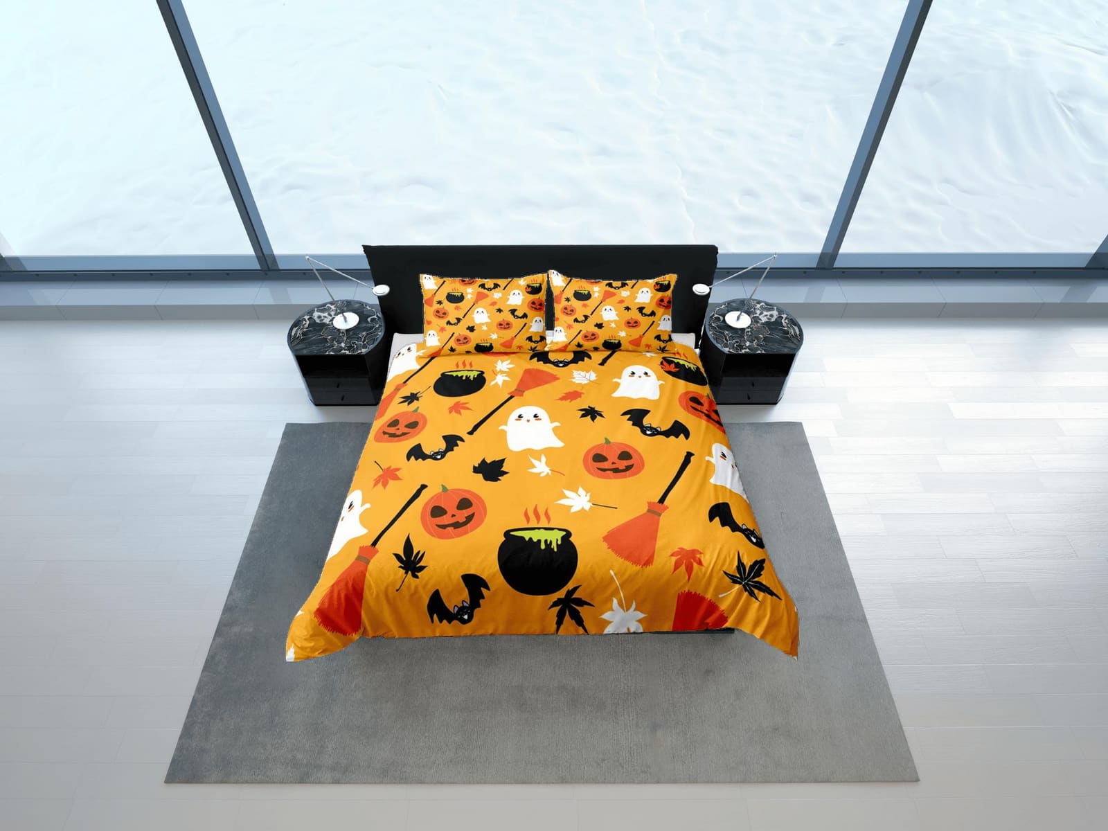 Cute yellow orange pumpkin halloween bedding & pillowcase, gothic duvet cover, dorm bedding, goth decor toddler bedding, h…