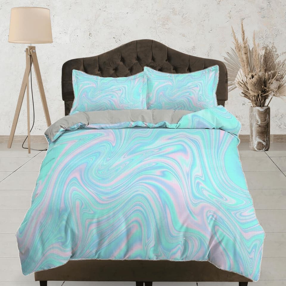 Cyan blue and pink pastel colors contemporary bedroom set aesthetic duvet cover, marble abstract art room decor boho chic…