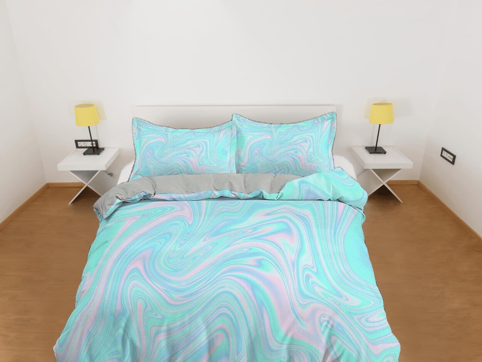 Cyan blue and pink pastel colors contemporary bedroom set aesthetic duvet cover, marble abstract art room decor boho chic…