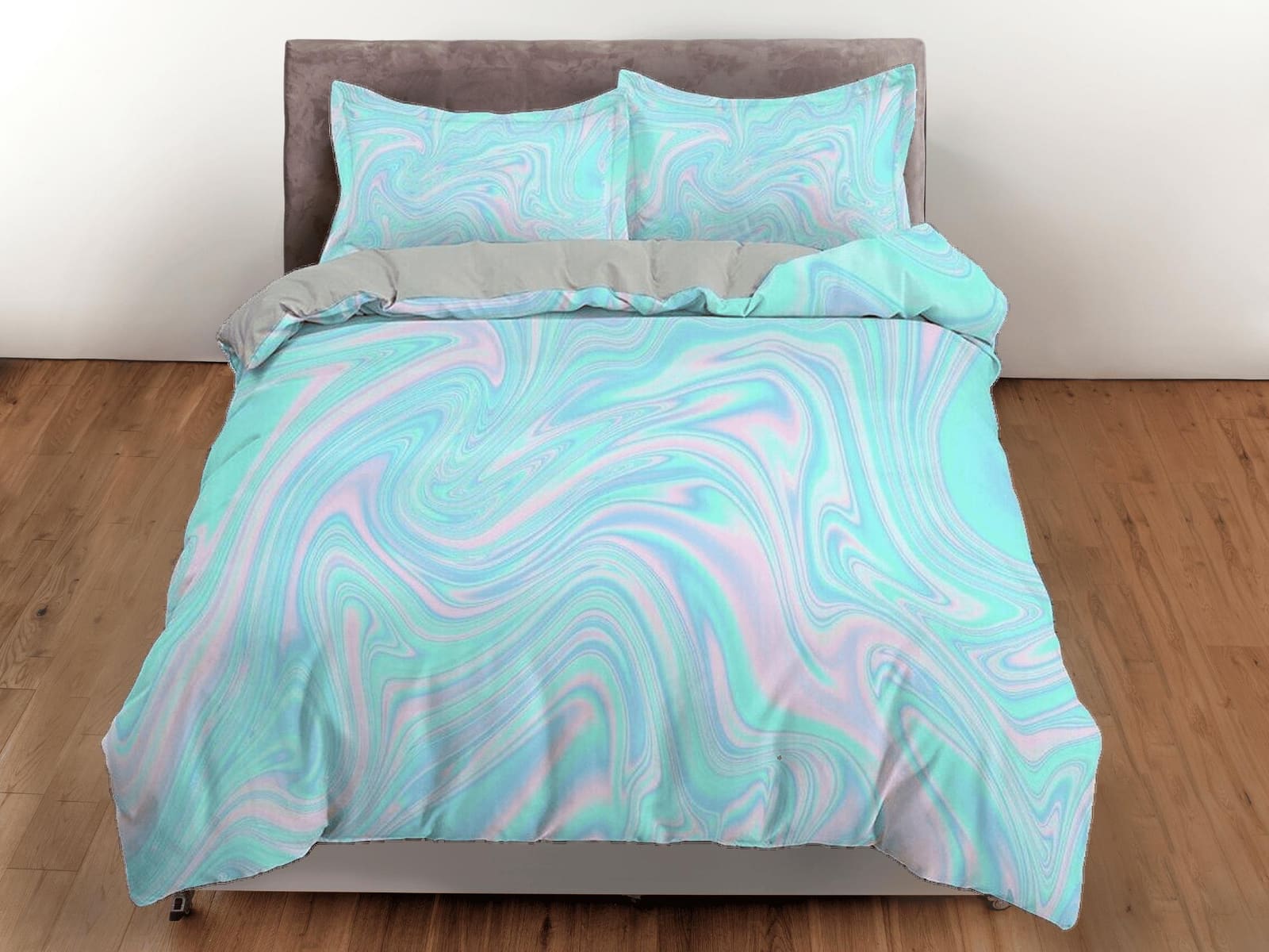 Cyan blue and pink pastel colors contemporary bedroom set aesthetic duvet cover, marble abstract art room decor boho chic…