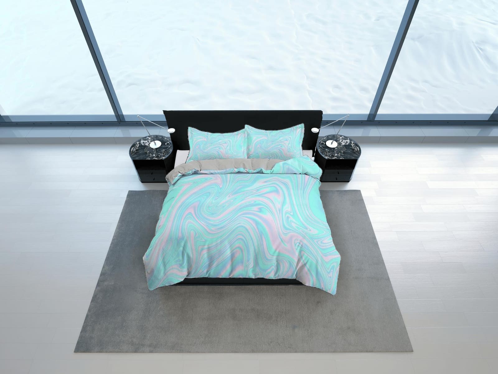 Cyan blue and pink pastel colors contemporary bedroom set aesthetic duvet cover, marble abstract art room decor boho chic…