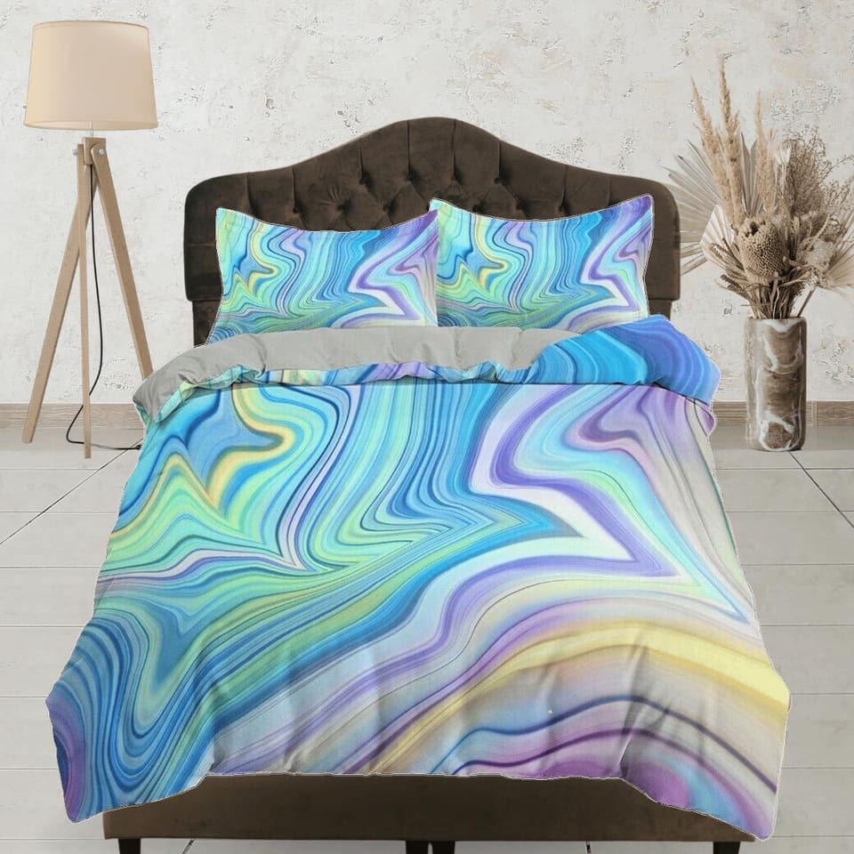 Cyan blue purple yellow contemporary bedroom set aesthetic duvet cover, marble abstract art room decor boho chic bedding s…