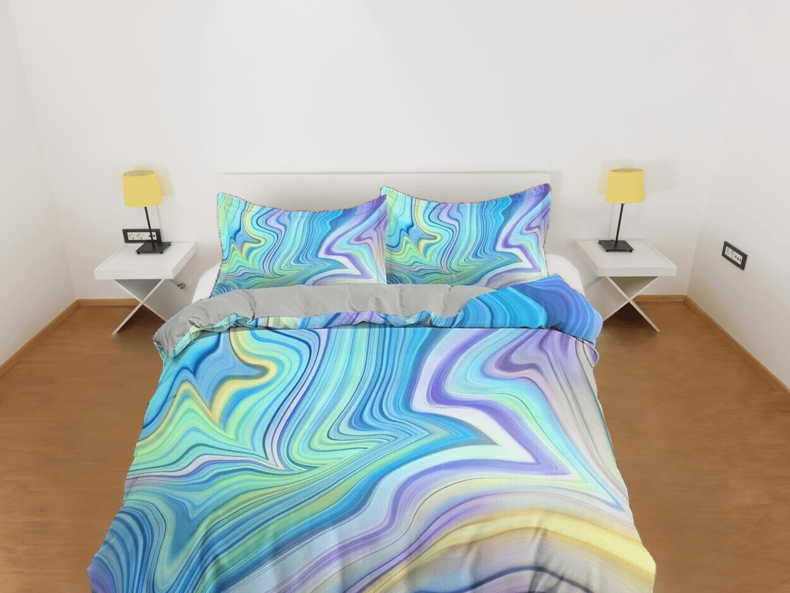 Cyan blue purple yellow contemporary bedroom set aesthetic duvet cover, marble abstract art room decor boho chic bedding s…