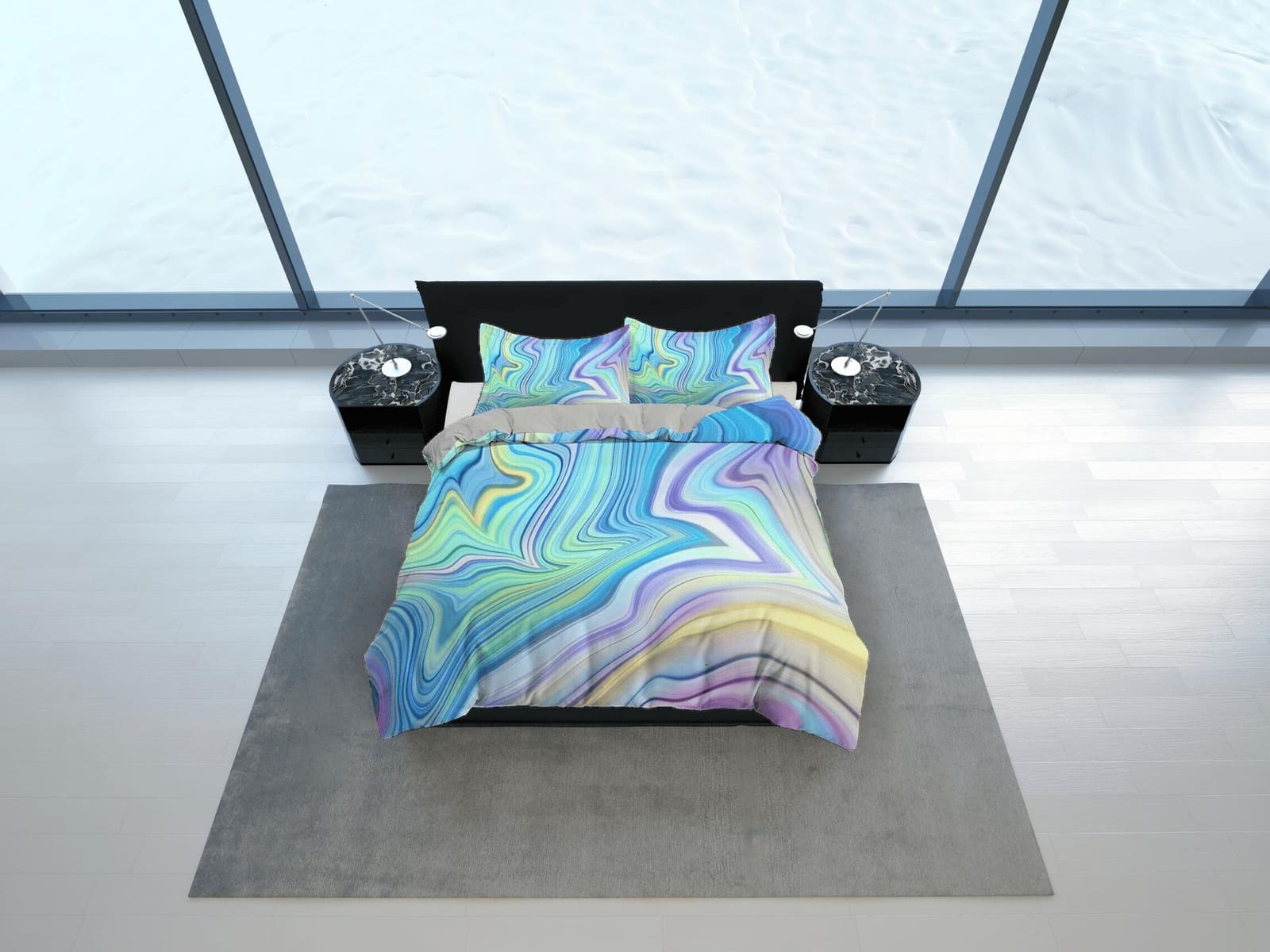 Cyan blue purple yellow contemporary bedroom set aesthetic duvet cover, marble abstract art room decor boho chic bedding s…