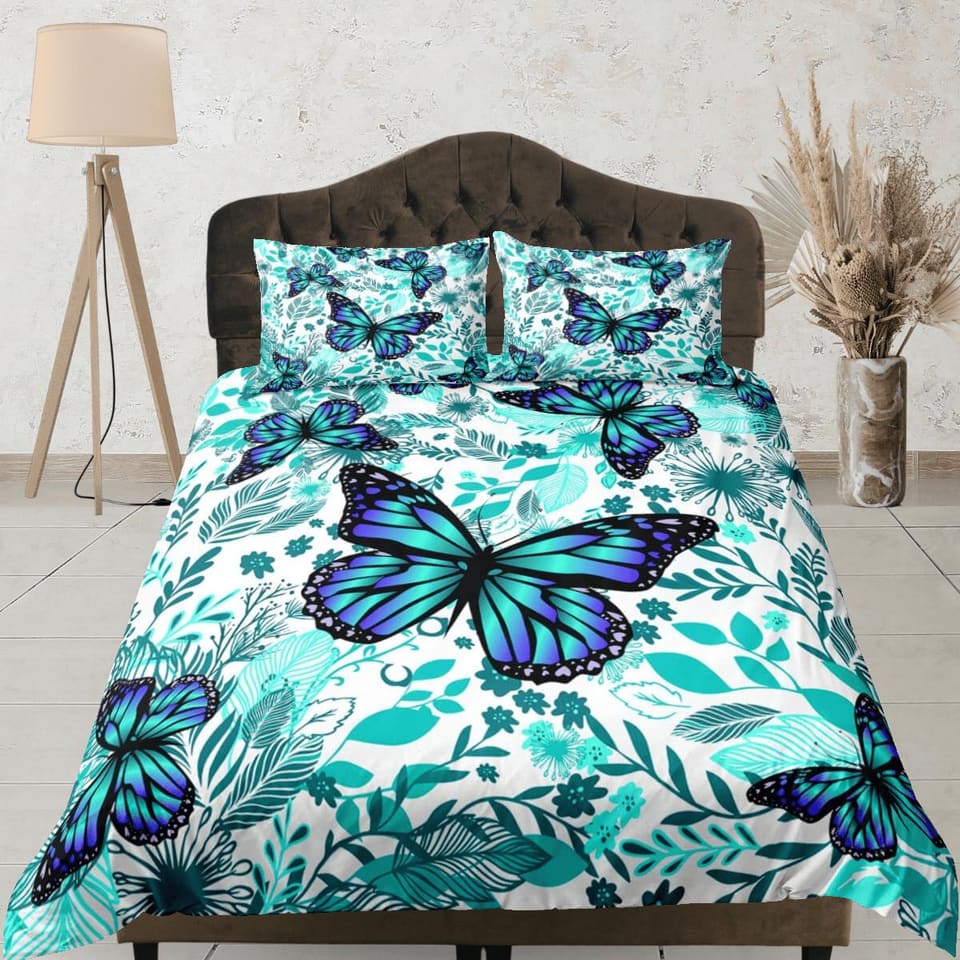 Cyan butterfly bedding boho chic aesthetic aqua duvet cover, dorm bedding full size adult duvet king queen twin, nursery t…