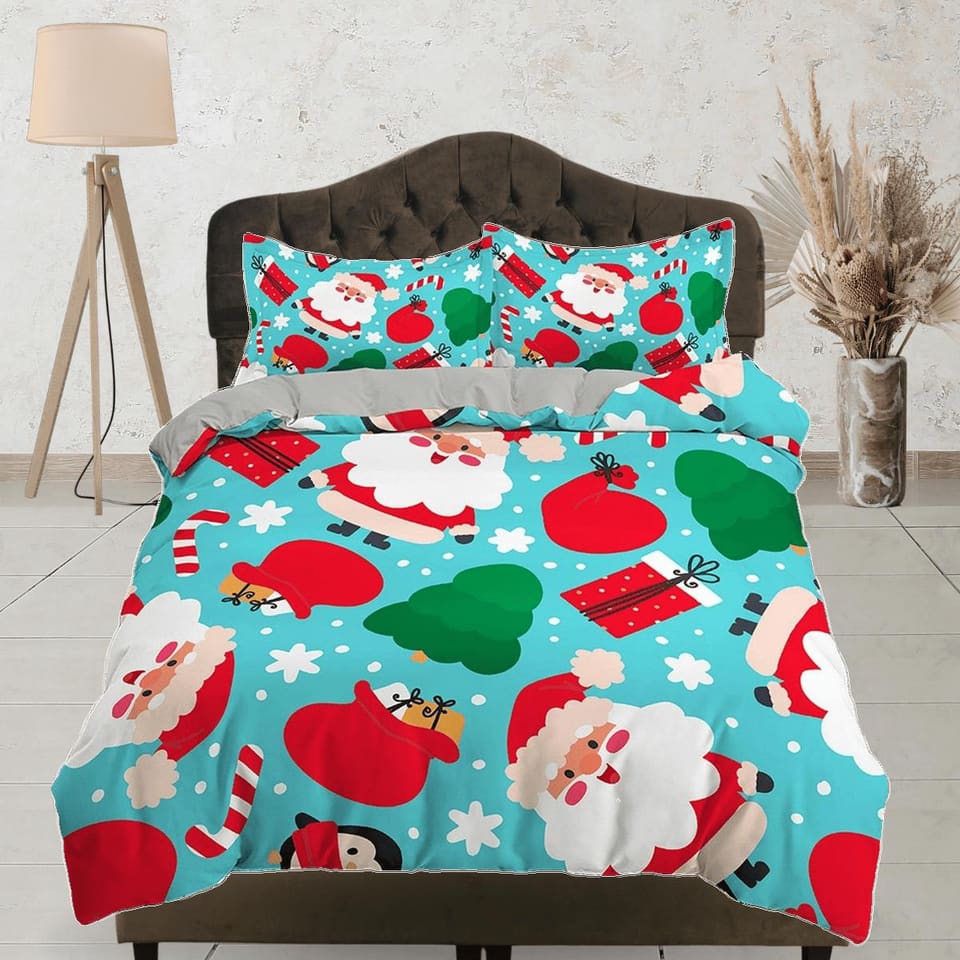 Cyan cute santa claus duvet cover set, christmas full size bedding & pillowcase, college bedding, crib toddler bedding, ho…