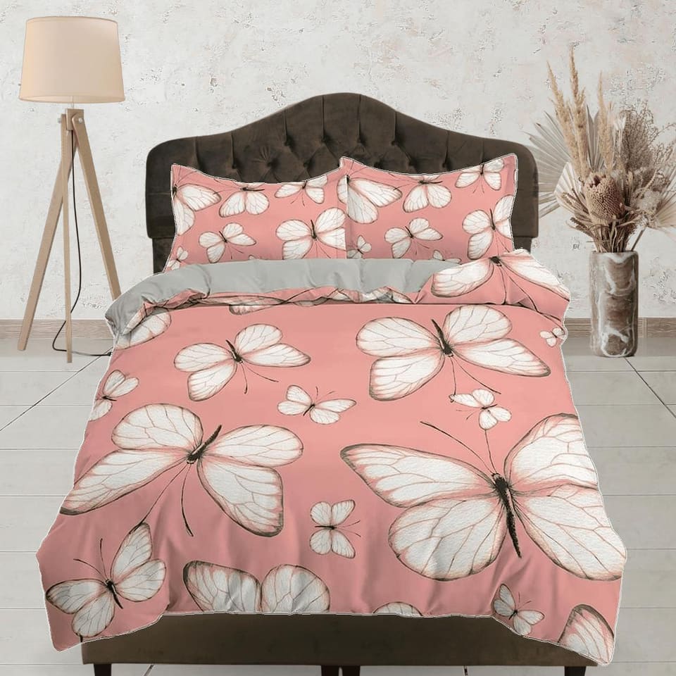 Dainty butterfly bedding peach pink duvet cover boho chic dorm bedding full size adult duvet king queen twin, nursery todd…