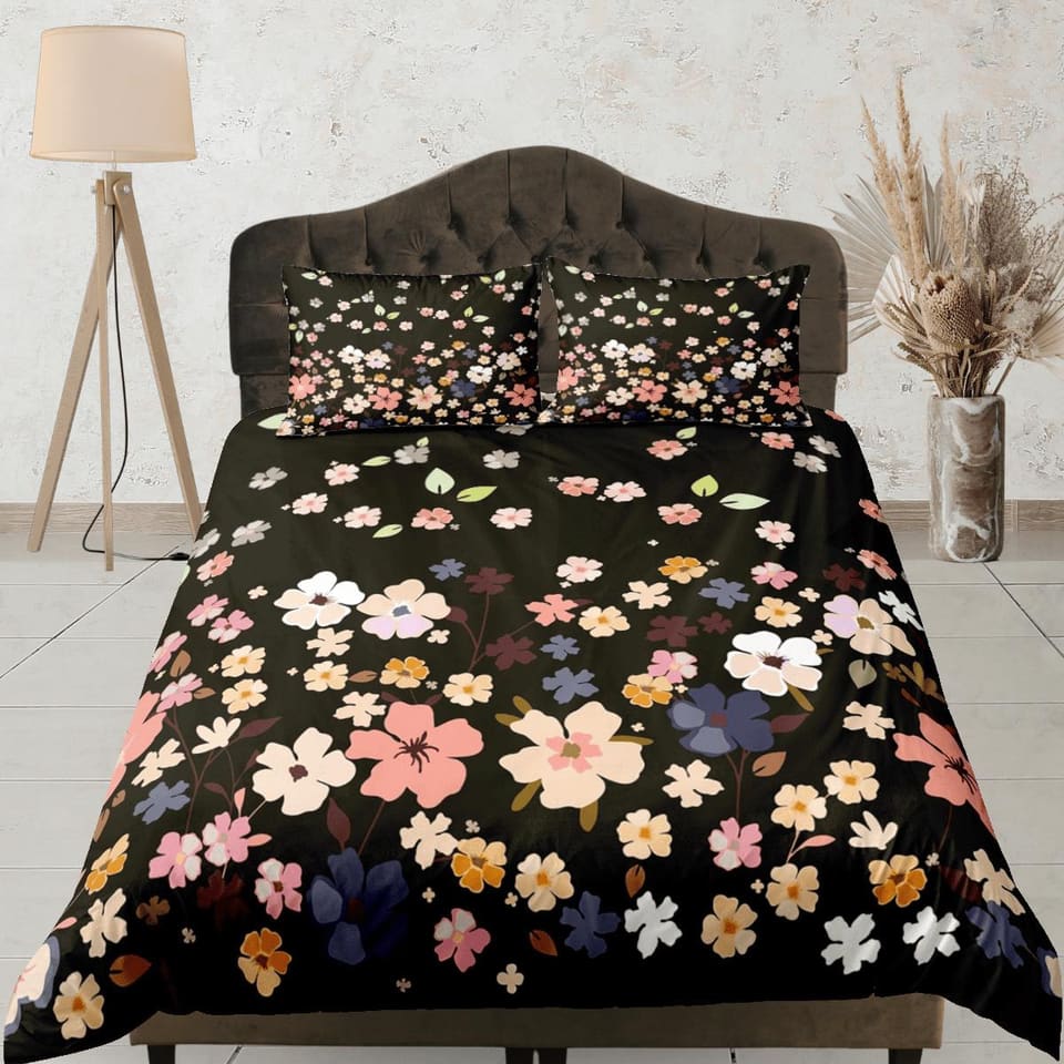Dainty floral bedding, black bohemian duvet cover queen, king, boho duvet, designer bedding, aesthetic bedding, maximalist…