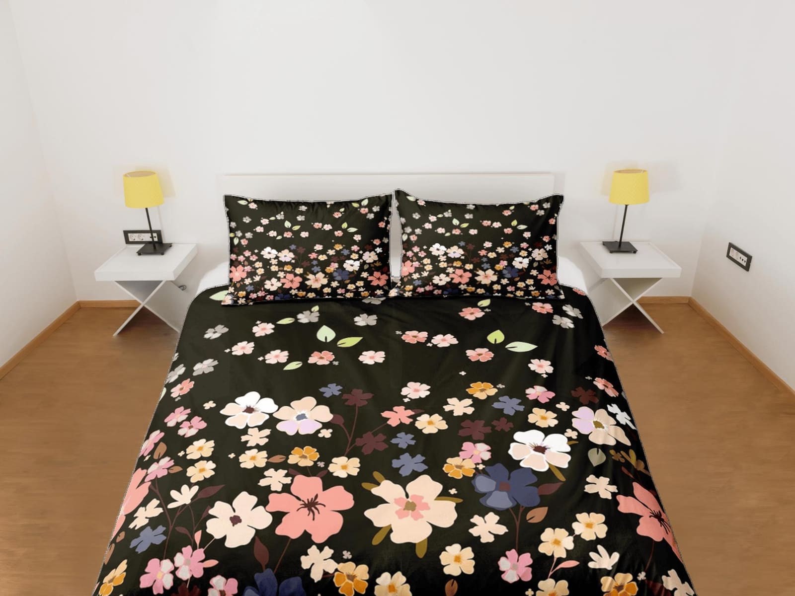 Dainty floral bedding, black bohemian duvet cover queen, king, boho duvet, designer bedding, aesthetic bedding, maximalist…