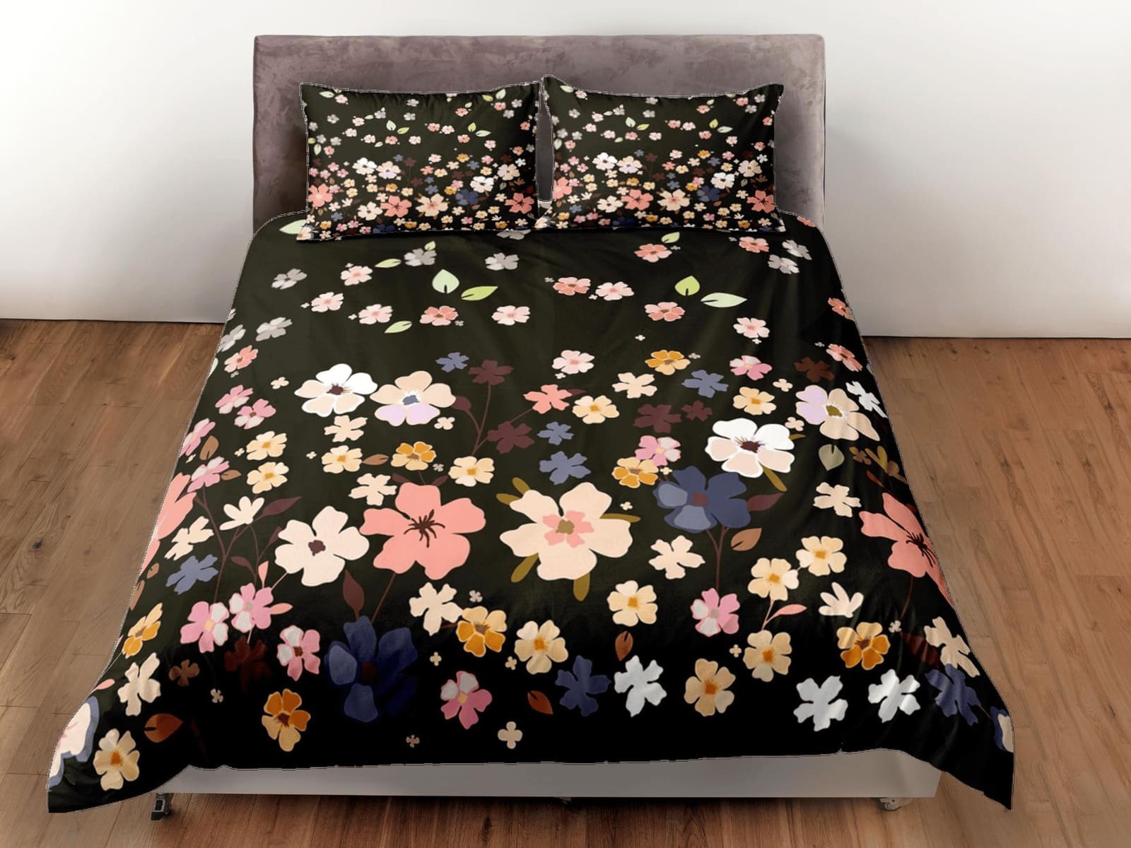 Dainty floral bedding, black bohemian duvet cover queen, king, boho duvet, designer bedding, aesthetic bedding, maximalist…