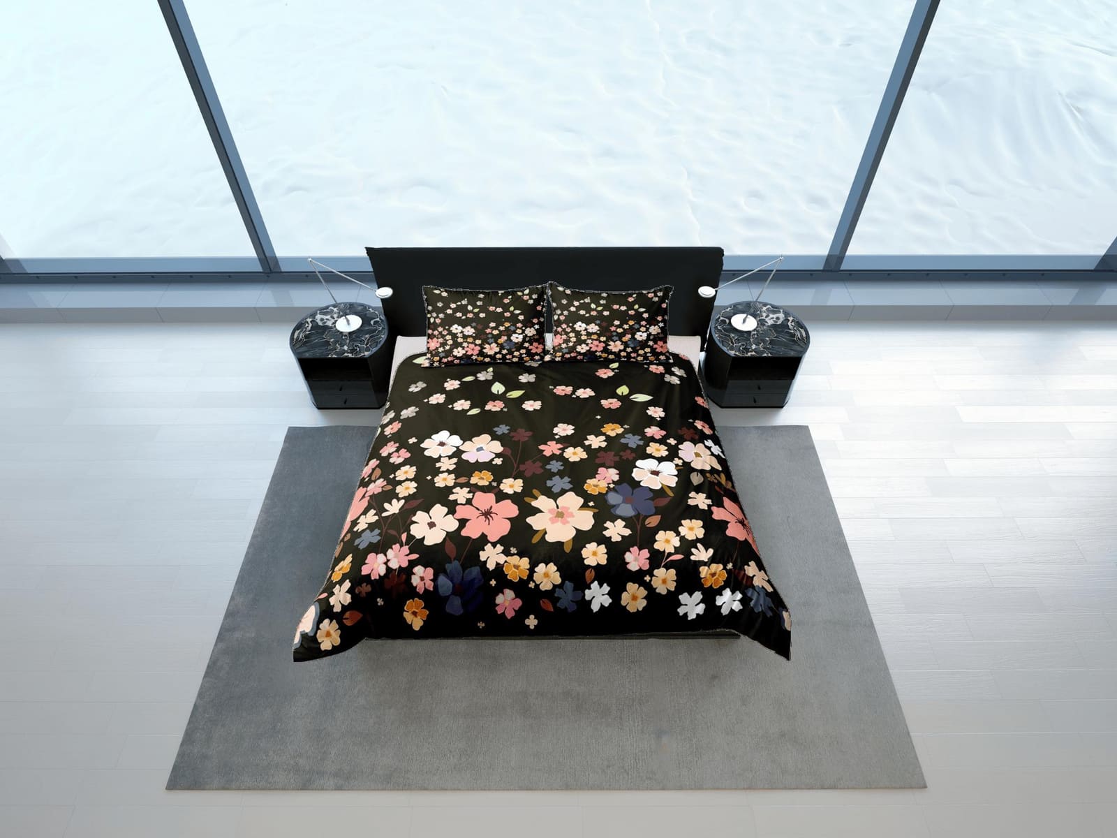 Dainty floral bedding, black bohemian duvet cover queen, king, boho duvet, designer bedding, aesthetic bedding, maximalist…
