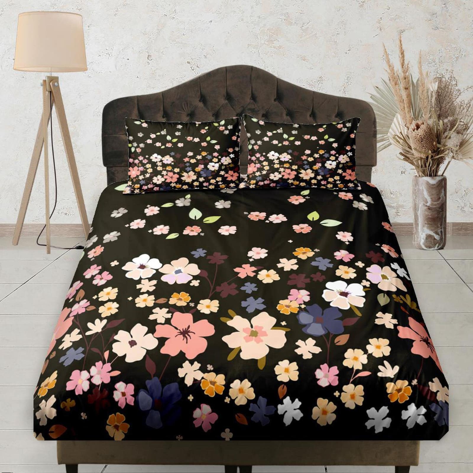 Dainty Flowers Black Fitted Sheet Deep Pocket, Floral Prints, Boho Bedding Set Full, Elastic Bedsheet, Dorm Bedding, Crib…
