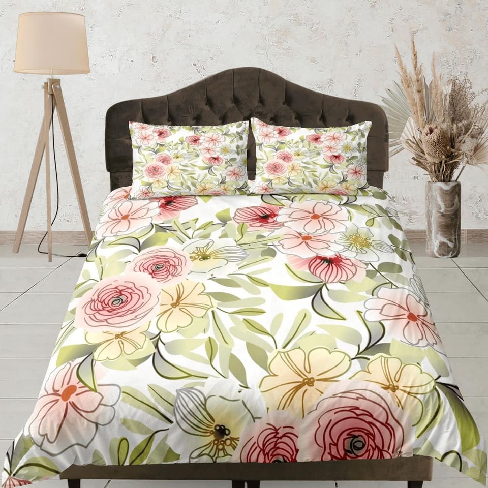 Dainty garden biophilic bedding, floral printed duvet cover queen, king, boho duvet, designer bedding, aesthetic bedding,…