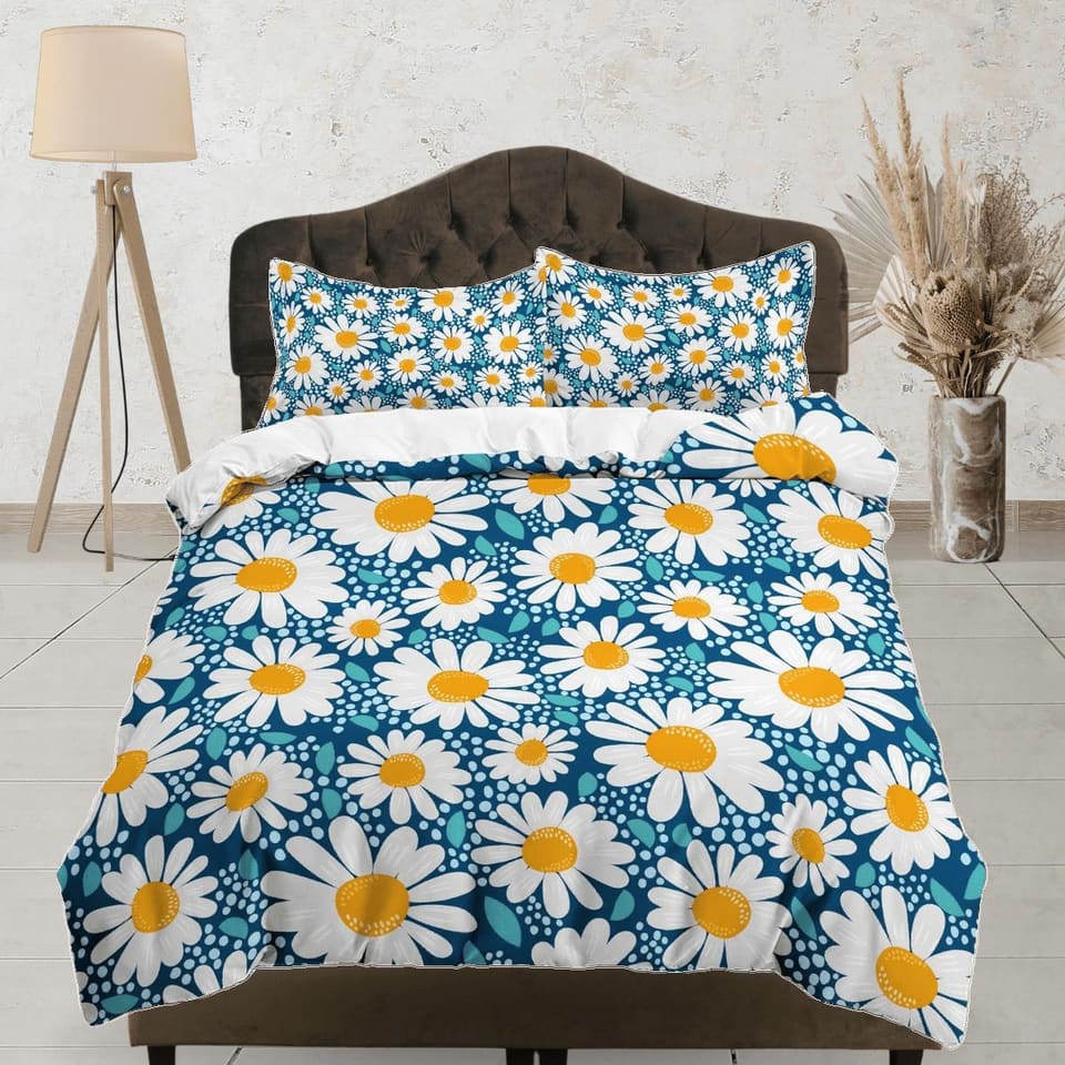 Daisy floral blue duvet cover colorful bedding, teen girl bedroom, baby girl crib bedding boho maximalist bedspread aesthe…