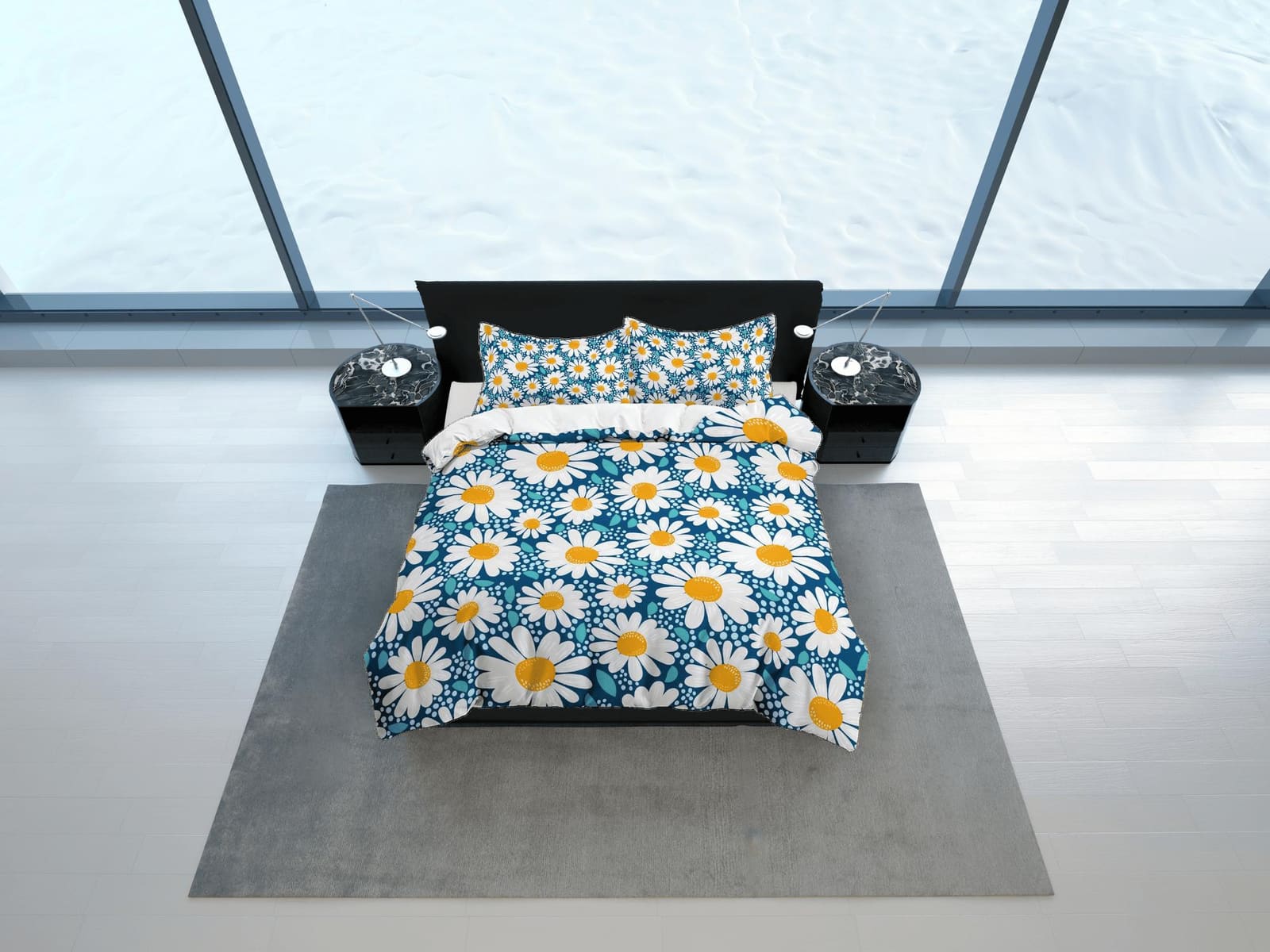 Daisy floral blue duvet cover colorful bedding, teen girl bedroom, baby girl crib bedding boho maximalist bedspread aesthe…