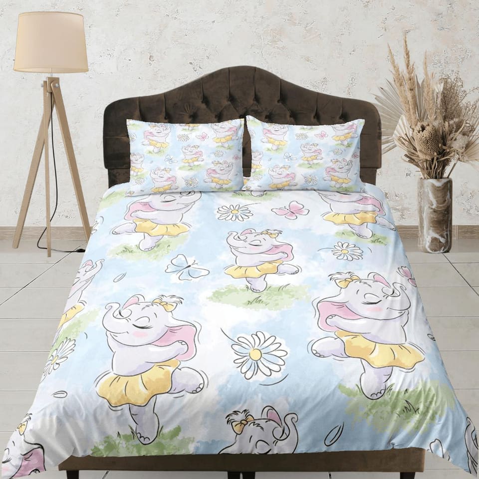 Dancing Cute Elephant Duvet Cover Set Colorful Bedspread, Kids Full Bedding Set with Pillowcase, Comforter Cover Twin