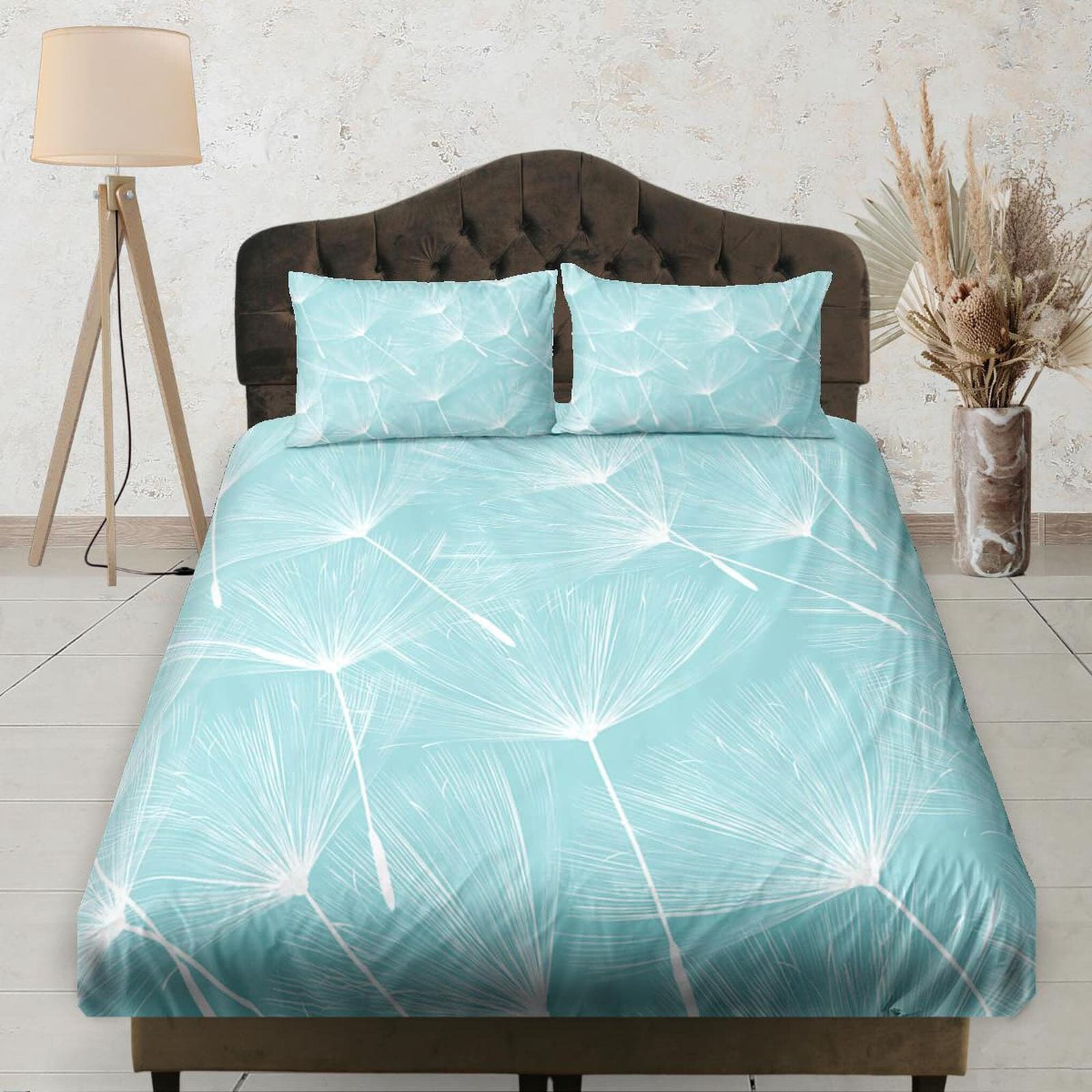 Dandellion in Cyan Fitted Sheet, Aesthetic Boho Bedding Set Full, Elastic Deep Pocket, Dorm Bedding, Crib Sheet, Shabby Ch…