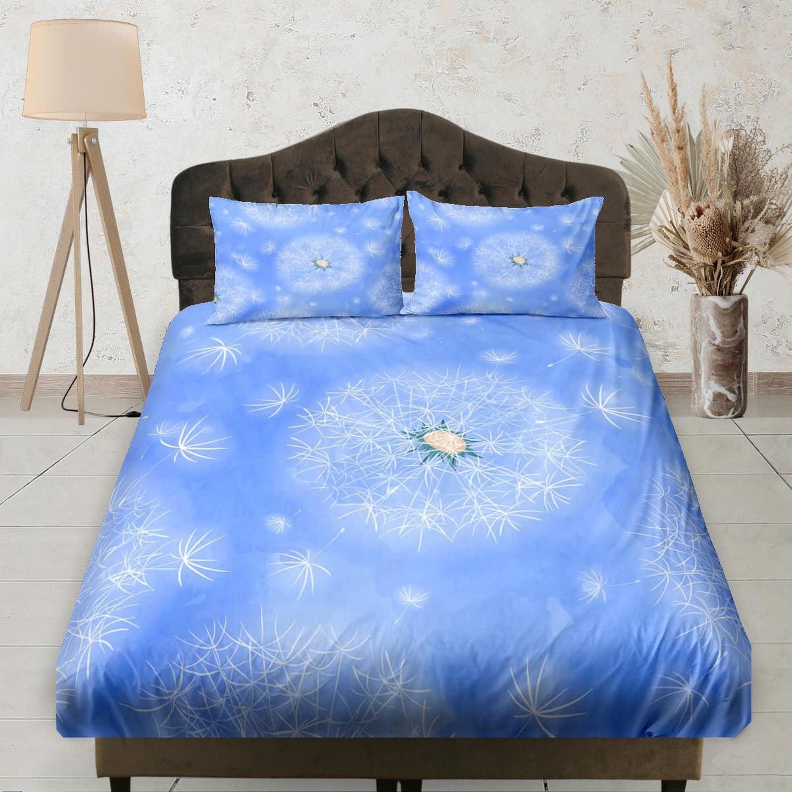Dandellion Sky Blue Fitted Bedsheet Deep Pocket, Floral Prints, Aesthetic Boho Bedding Set Full, Dorm Bedding, Crib Sheet,…