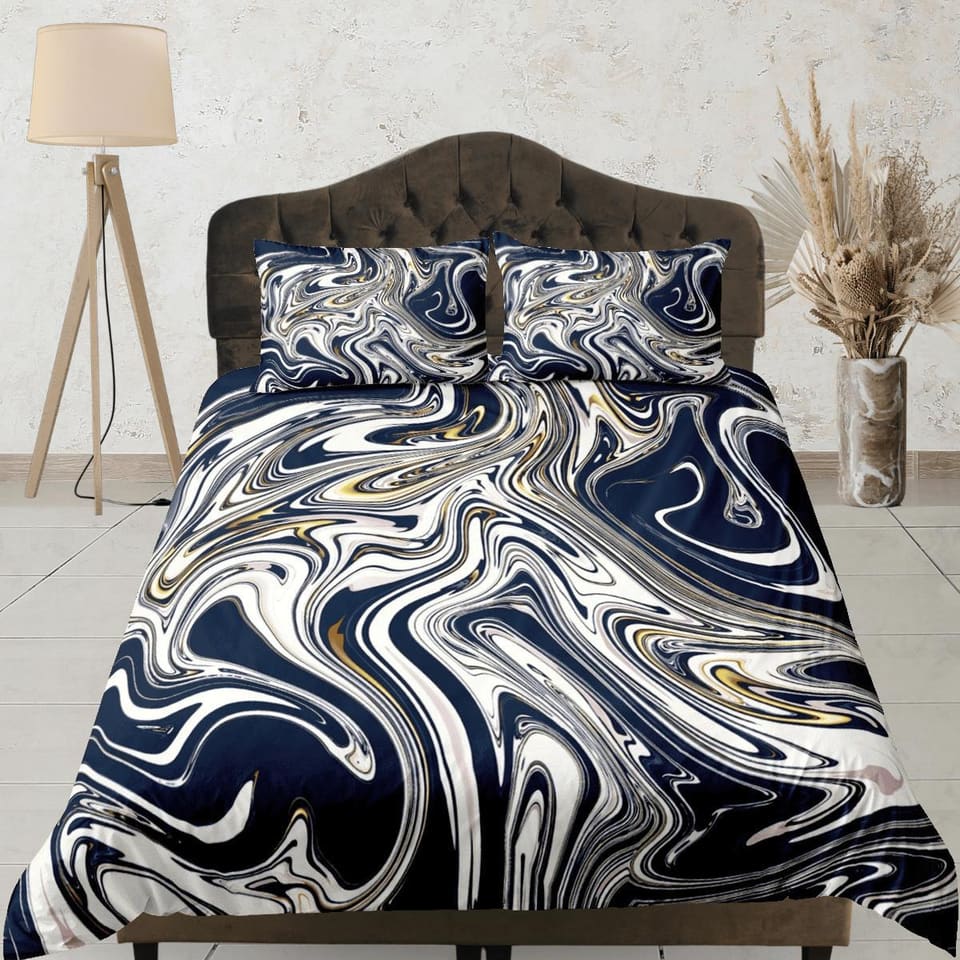 Dark blue contemporary bedroom set aesthetic duvet cover, marble abstract art room decor boho chic bedding set full king q…