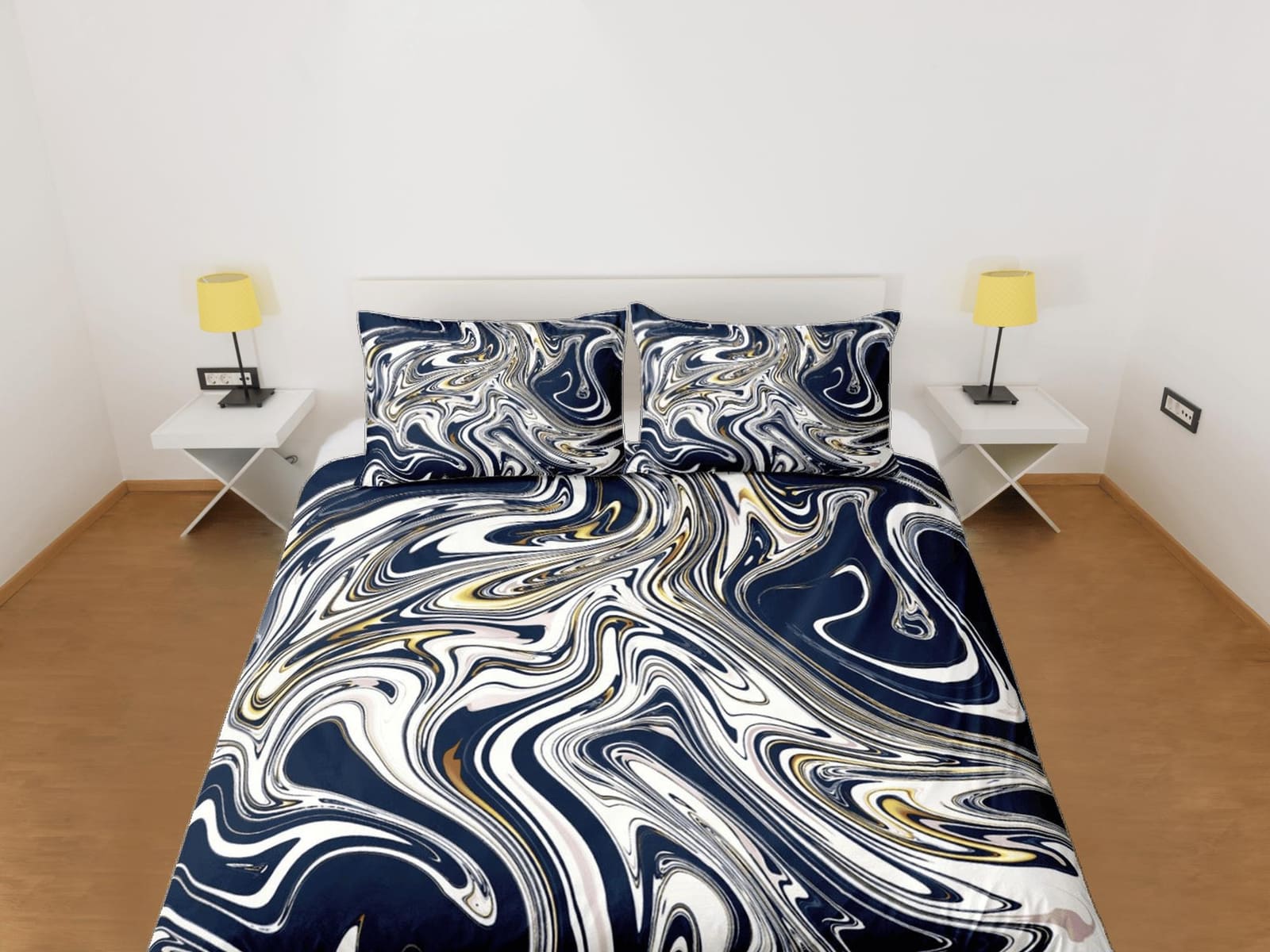 Dark blue contemporary bedroom set aesthetic duvet cover, marble abstract art room decor boho chic bedding set full king q…