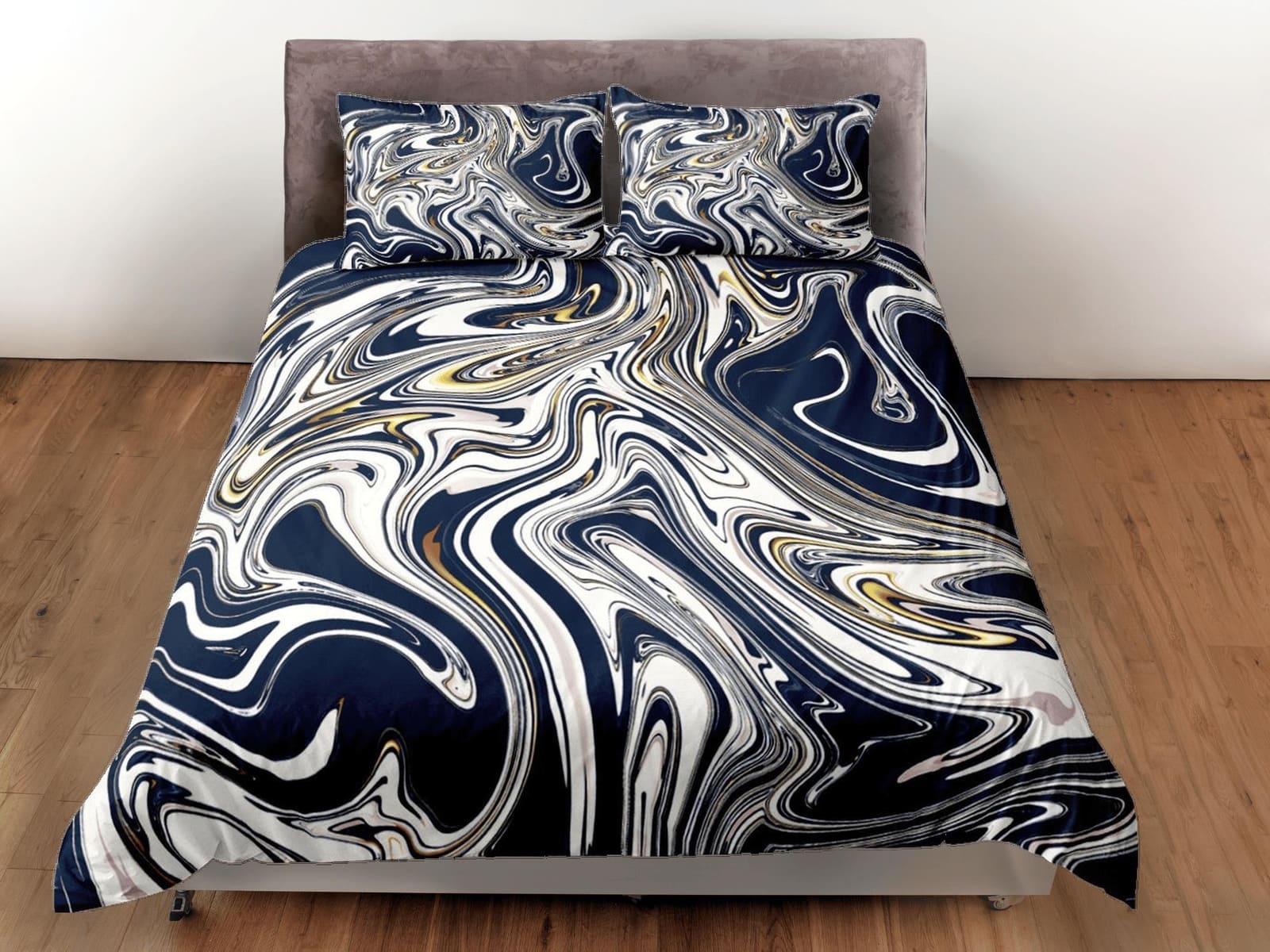 Dark blue contemporary bedroom set aesthetic duvet cover, marble abstract art room decor boho chic bedding set full king q…