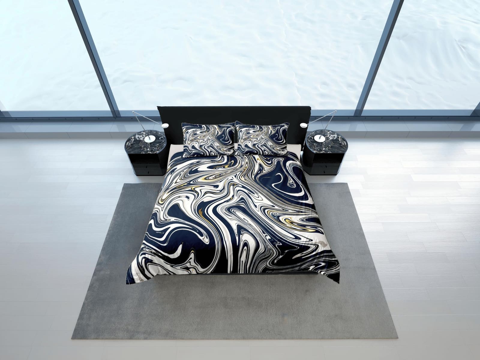 Dark blue contemporary bedroom set aesthetic duvet cover, marble abstract art room decor boho chic bedding set full king q…