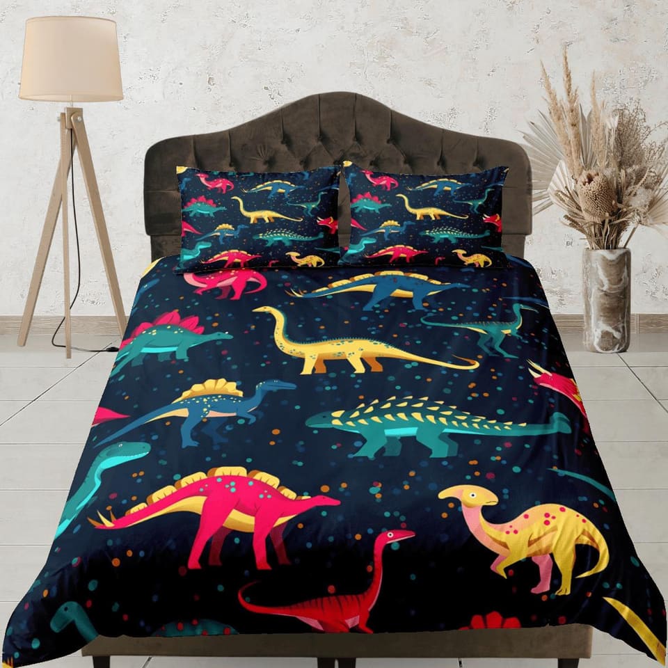 Dark blue dinosaur bedding, kids bedding full, cute duvet cover set, dinosaur nursery bed decor, colorful bedding, baby di…