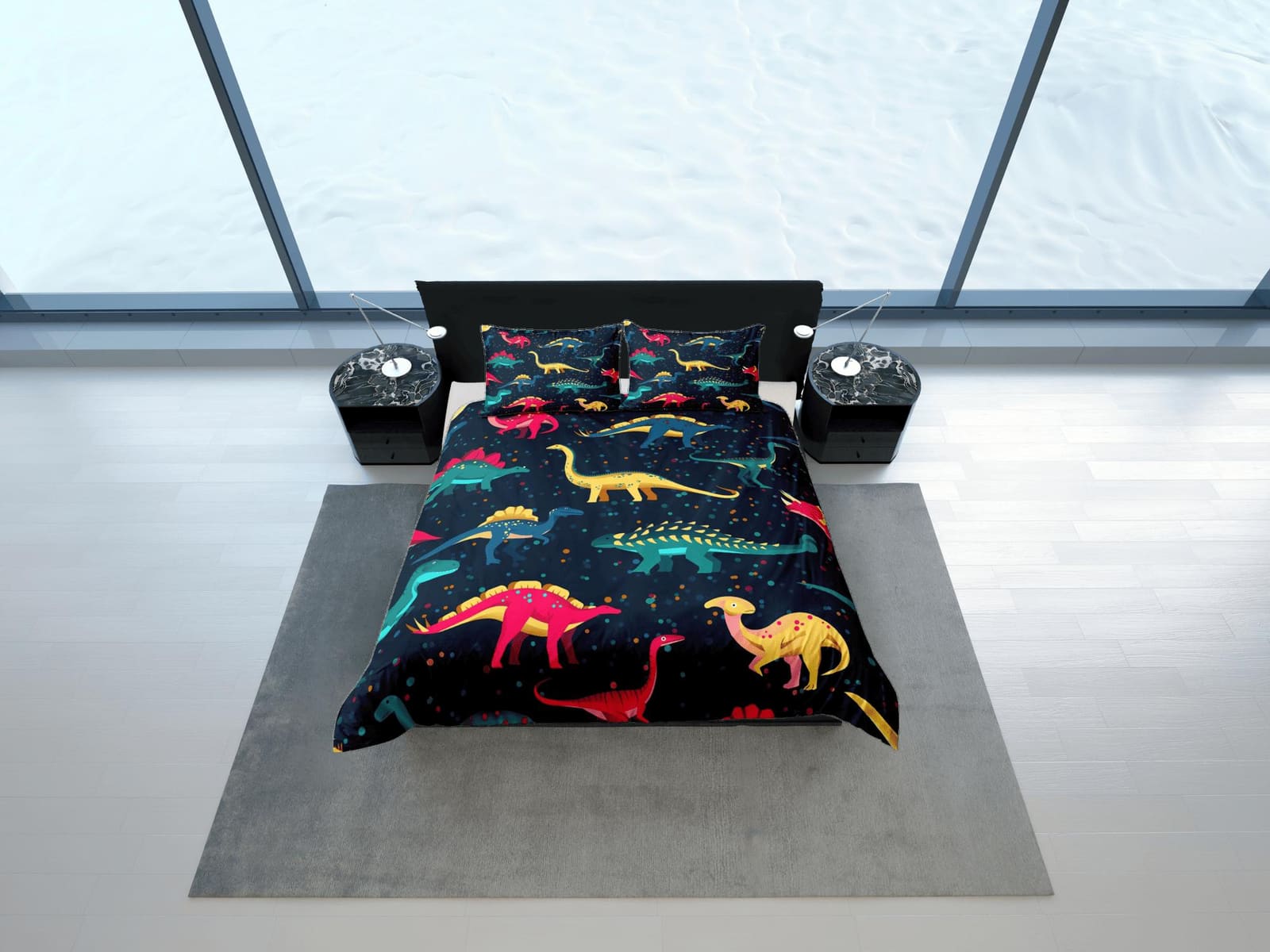 Dark blue dinosaur bedding, kids bedding full, cute duvet cover set, dinosaur nursery bed decor, colorful bedding, baby di…