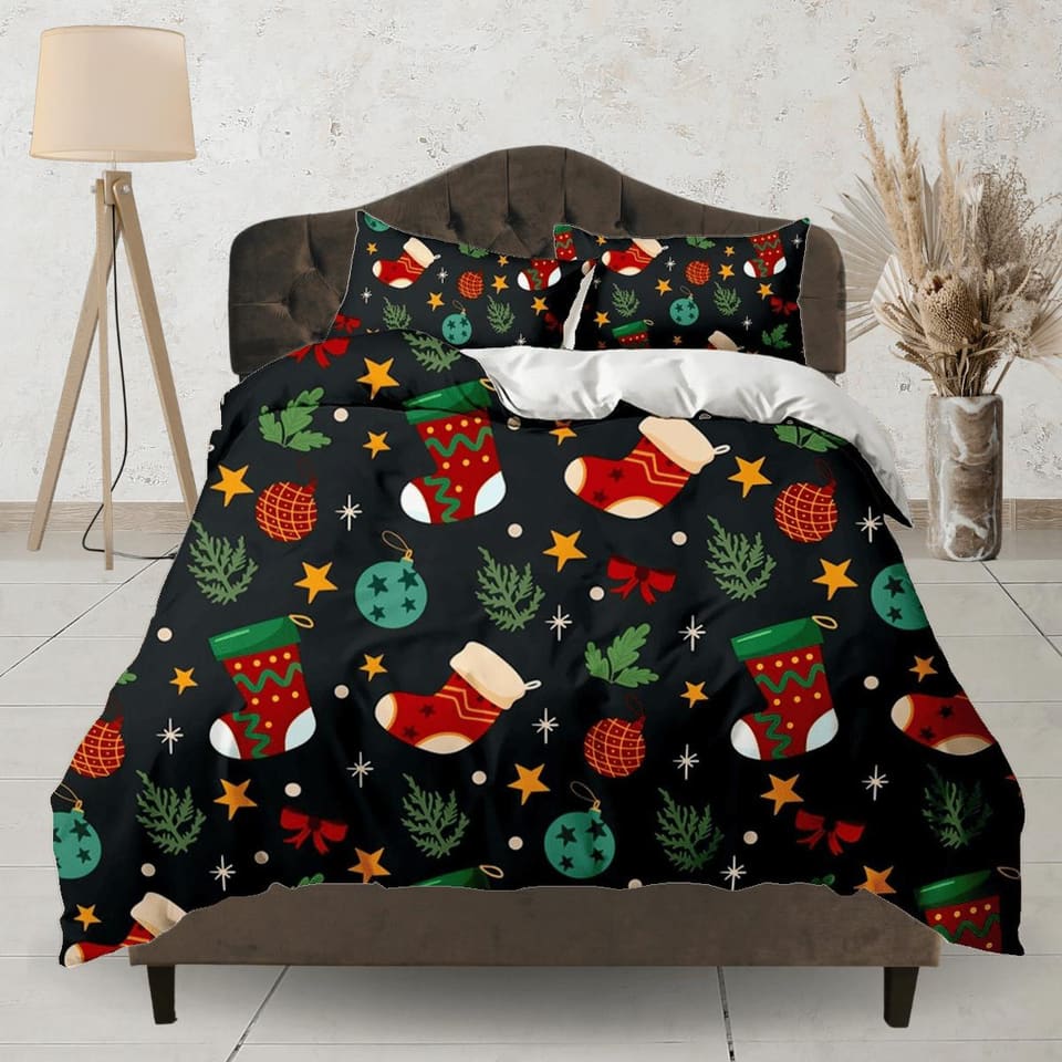 Dark-colored christmas decor duvet cover set, christmas full size bedding & pillowcase, college bedding, crib toddler bedd…