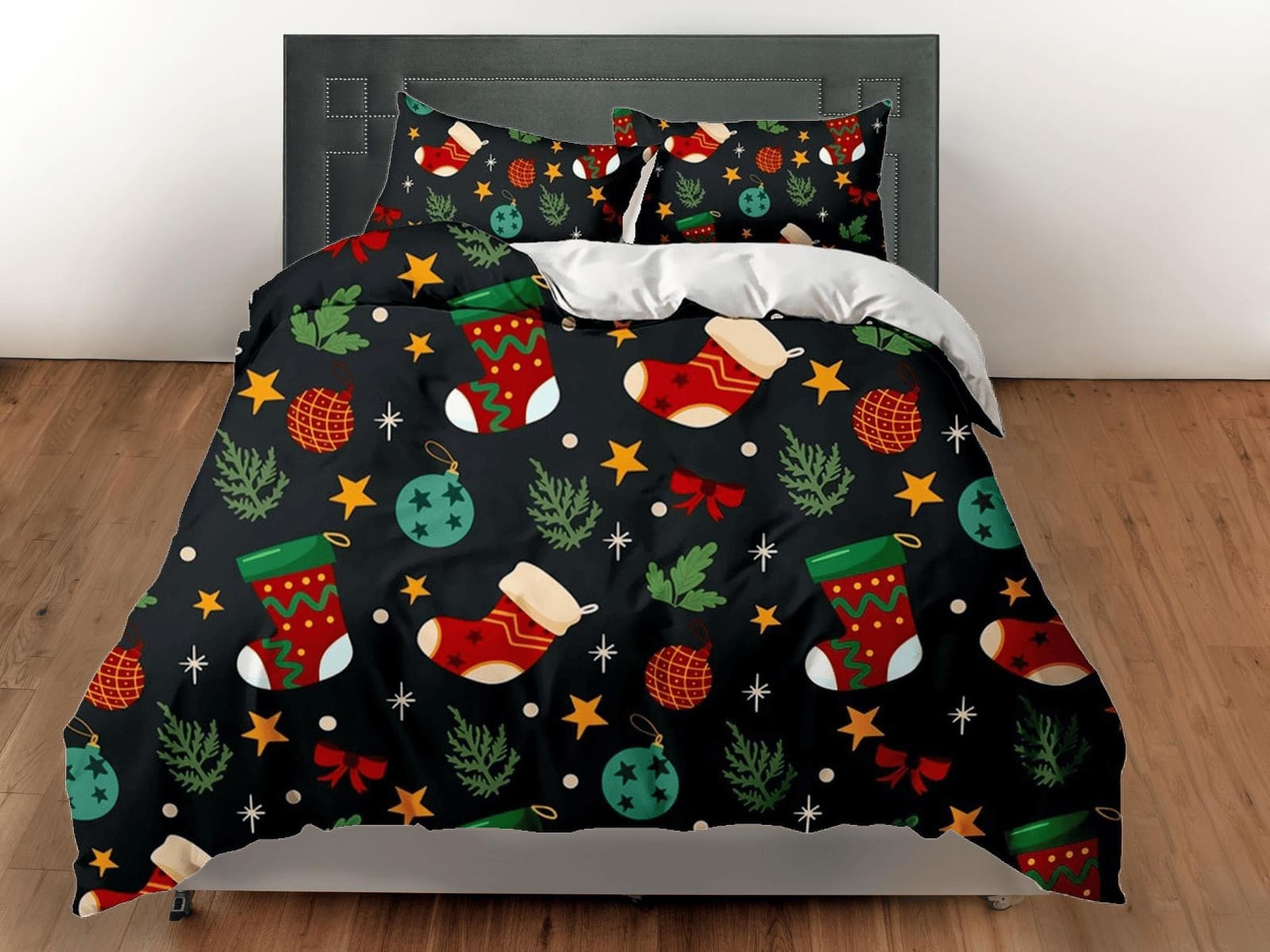 Dark-colored christmas decor duvet cover set, christmas full size bedding & pillowcase, college bedding, crib toddler bedd…