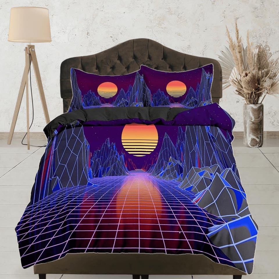 Dark Colored Vaporwave Bedding with Mountains and Sunset, Cool Hippie Duvet Cover Set for Boys Bedroom, Trippy Psychedelic…